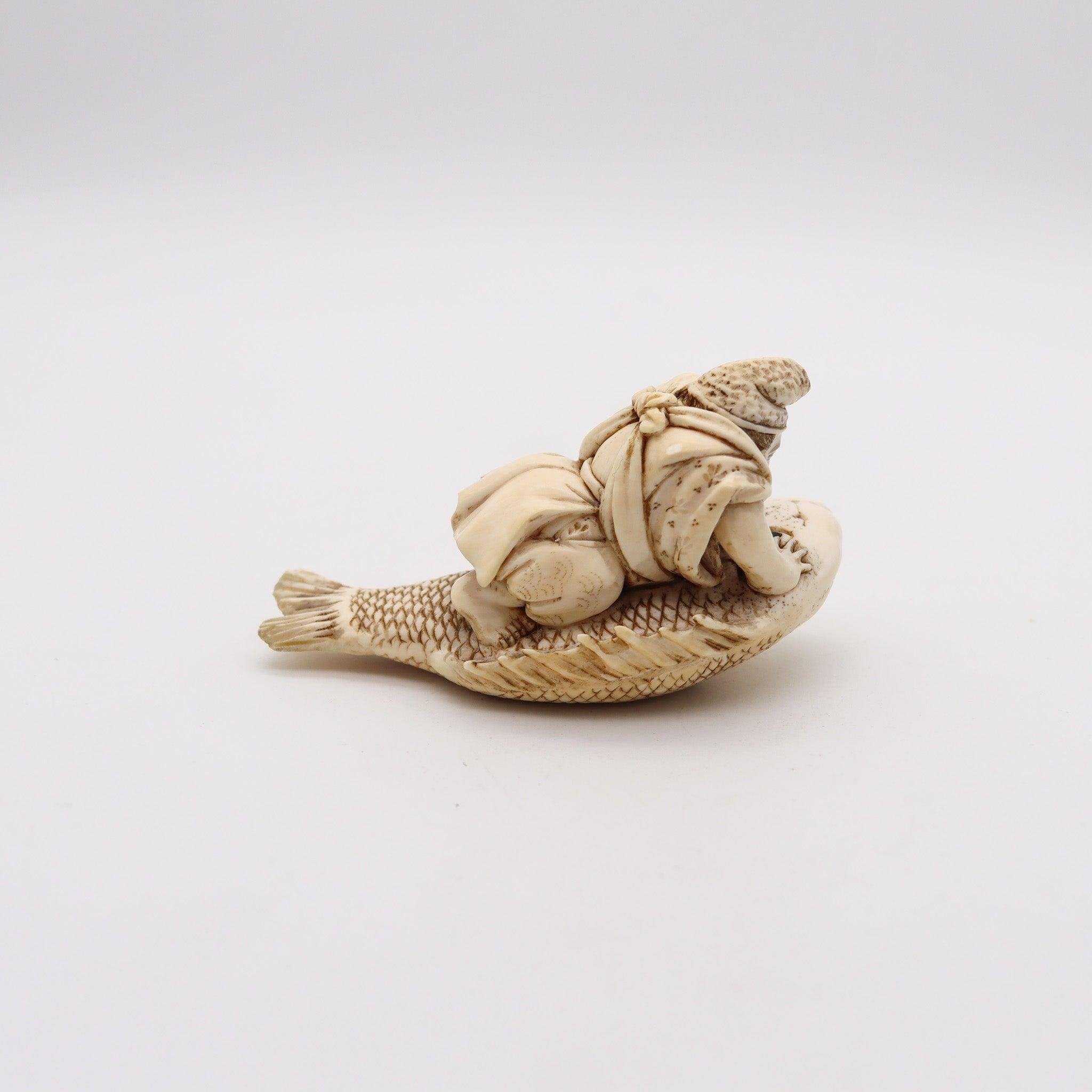 Hand-Carved JAPAN 1910 Meiji Okimono Sculpture of Kinko Sennin On a Carp Carved In Ivory