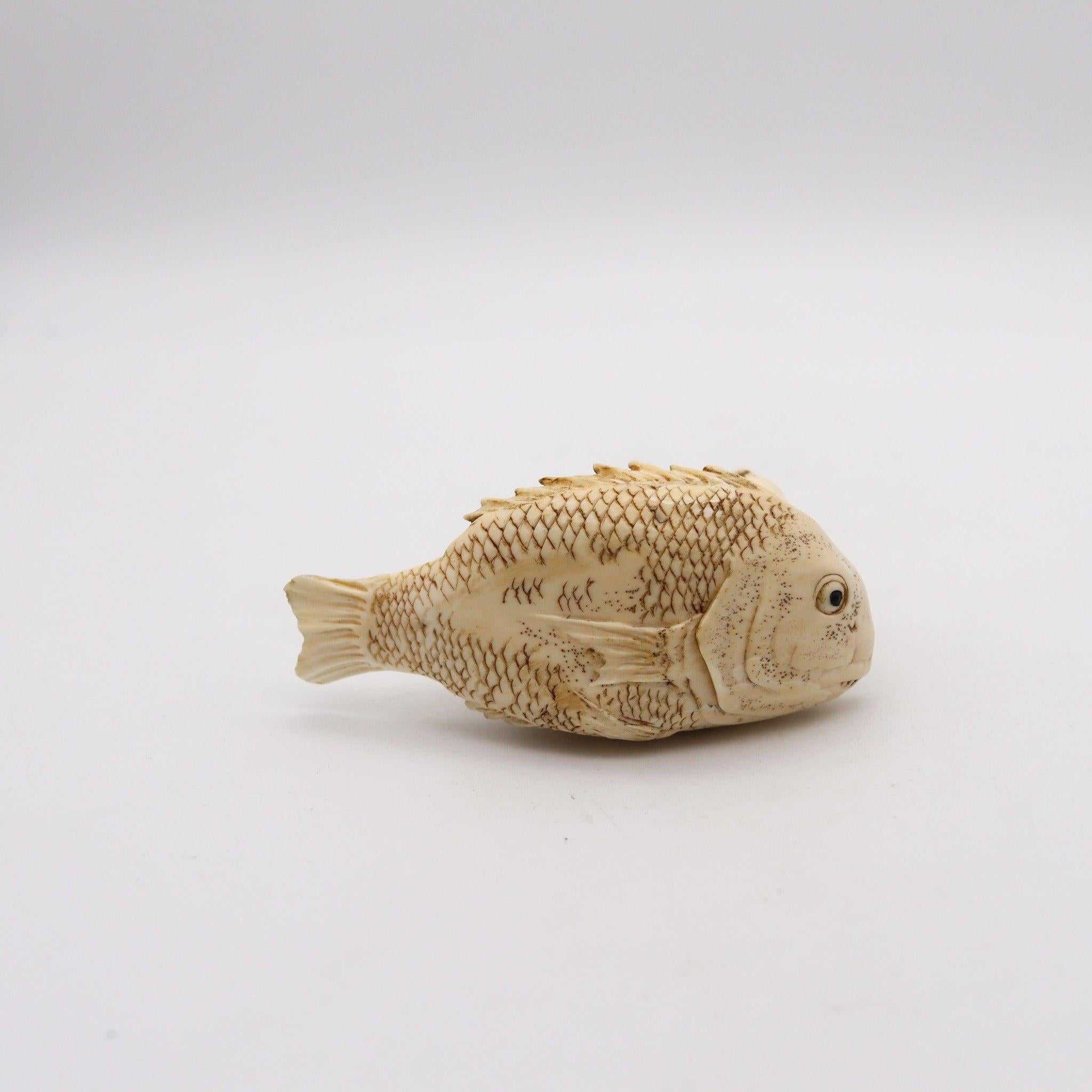 JAPAN 1910 Meiji Okimono Sculpture of Kinko Sennin On a Carp Carved In Ivory In Excellent Condition In Miami, FL