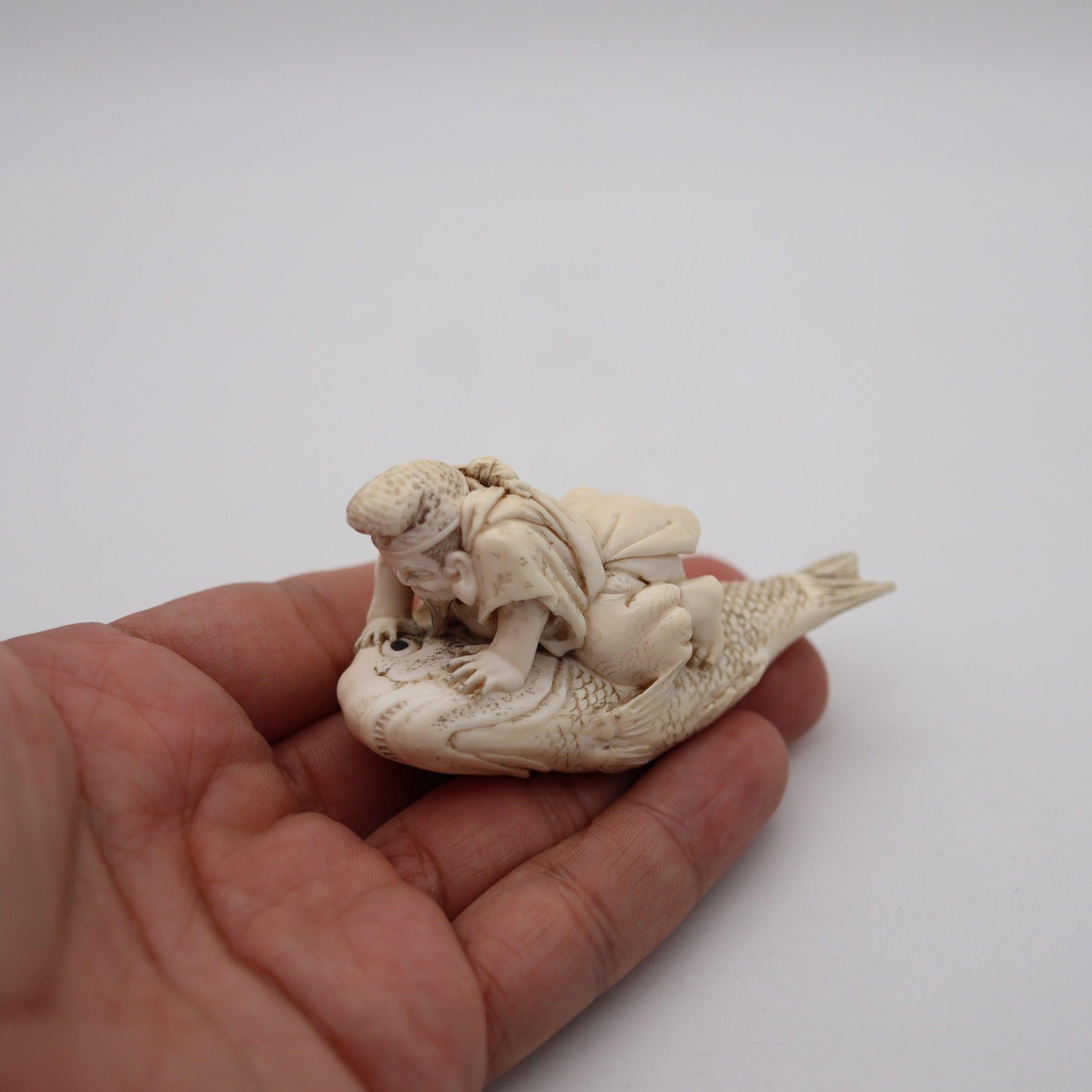 Early 20th Century JAPAN 1910 Meiji Okimono Sculpture of Kinko Sennin On a Carp Carved In Ivory