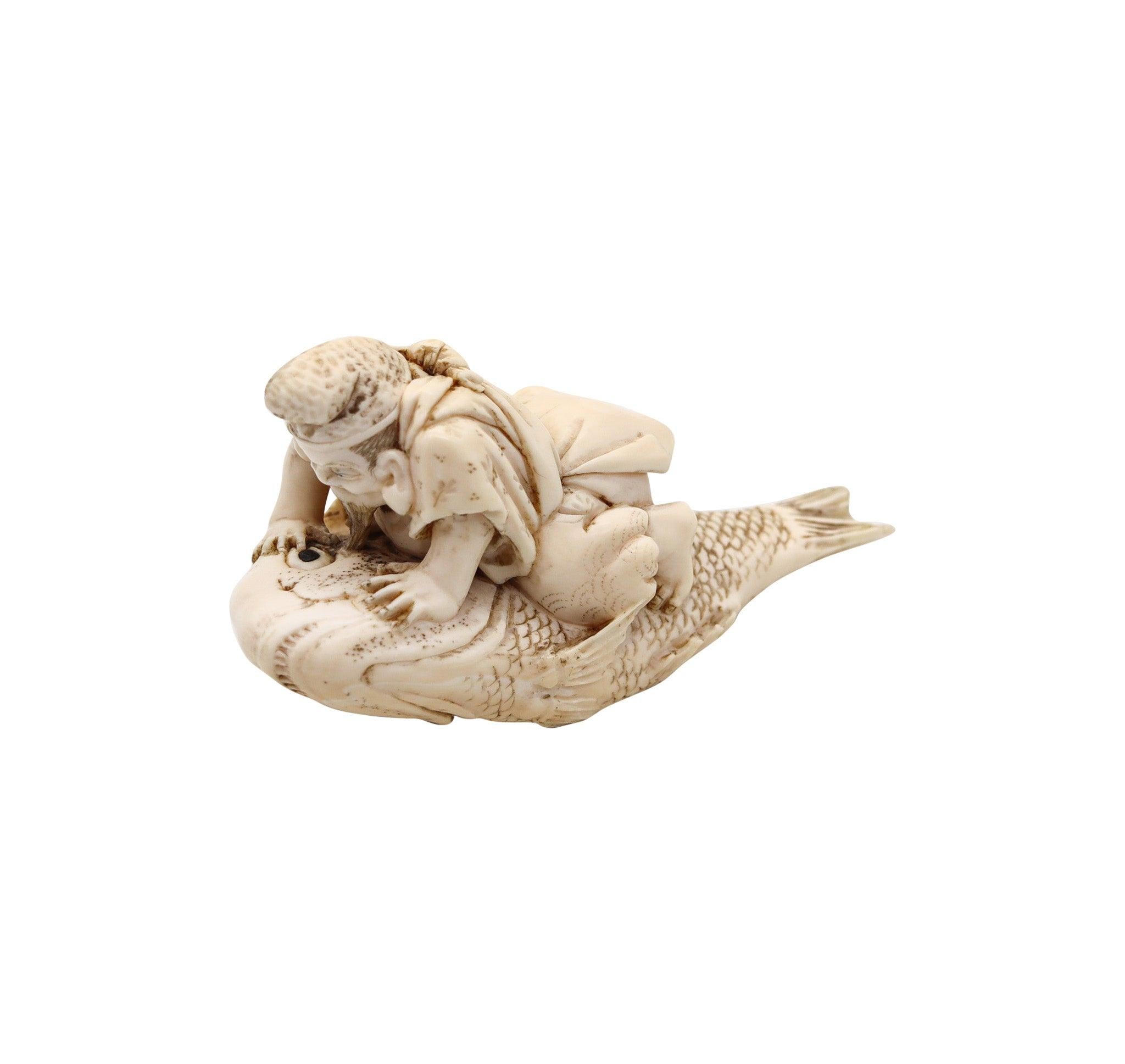 JAPAN 1910 Meiji Okimono Sculpture of Kinko Sennin On a Carp Carved In Ivory 1