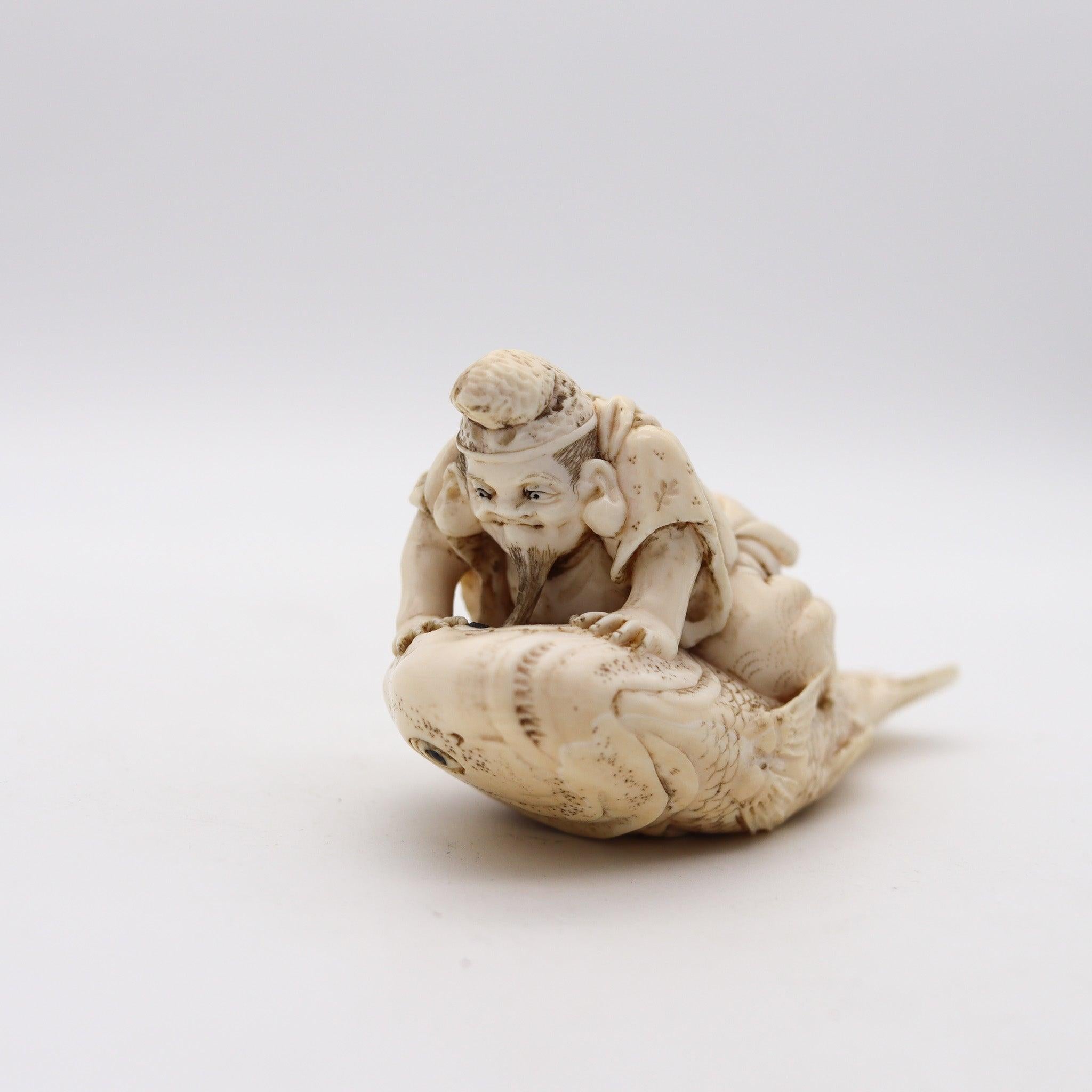 JAPAN 1910 Meiji Okimono Sculpture of Kinko Sennin On a Carp Carved In Ivory 2