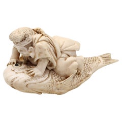 JAPAN 1910 Meiji Okimono Sculpture of Kinko Sennin On a Carp Carved In Ivory