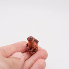 JAPAN 1920 Taisho Period Rabbit Ojime Carved In Precious Wood & Onyx