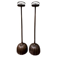 Japan, 19th pair of Japanese bronze Chrysanthemum Shokudai candle holders
