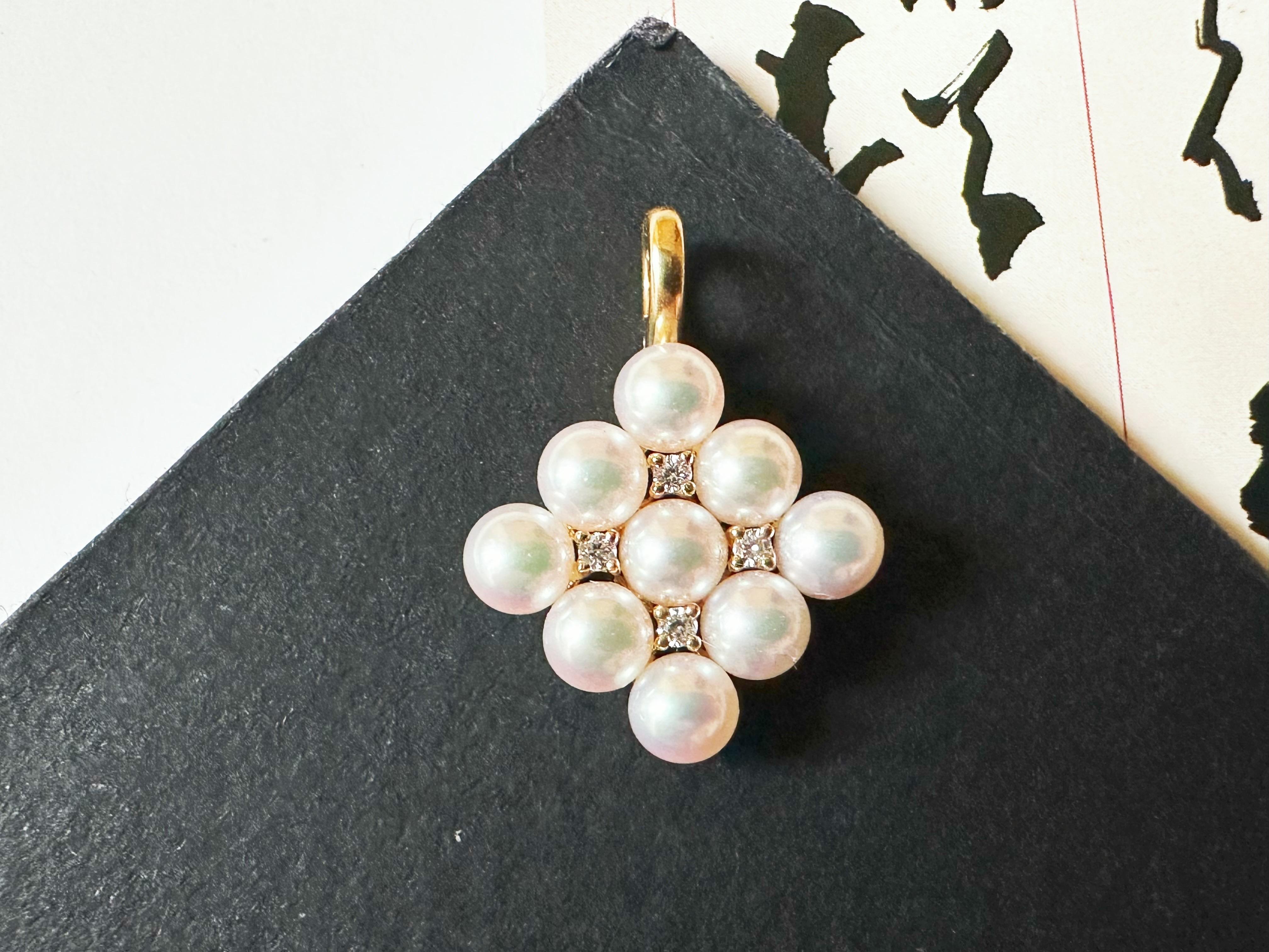 Art Deco Japan Akoya Pearl Mirror Like Pendant, Pearl Pendant with Diamonds in 18K Gold For Sale