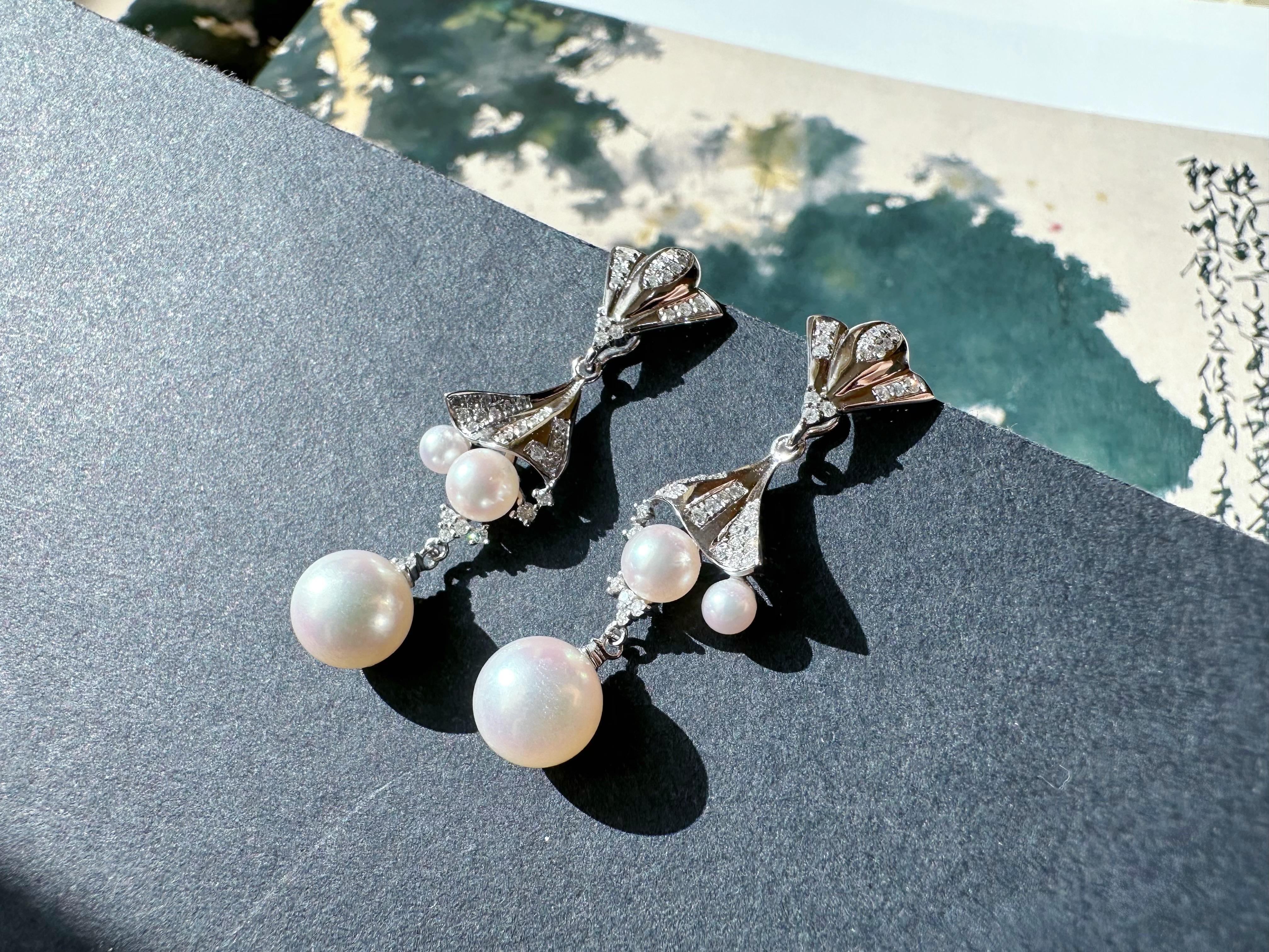 Japan Akoya Pearl Multiple Wear Long Drop Pearl Earrings 18K White Gold Diamond For Sale 4