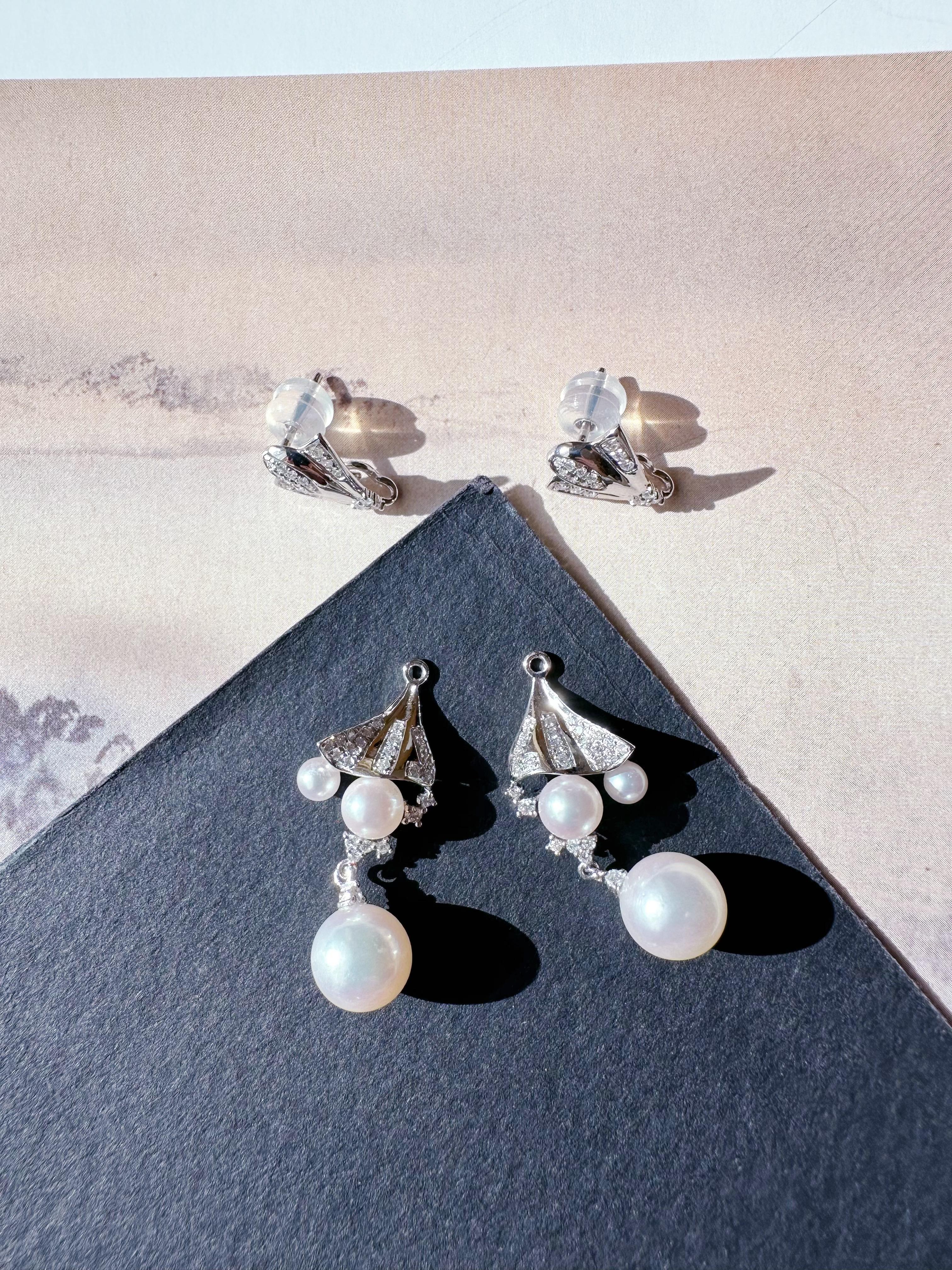 Japan Akoya Pearl Multiple Wear Long Drop Pearl Earrings 18K White Gold Diamond For Sale 6
