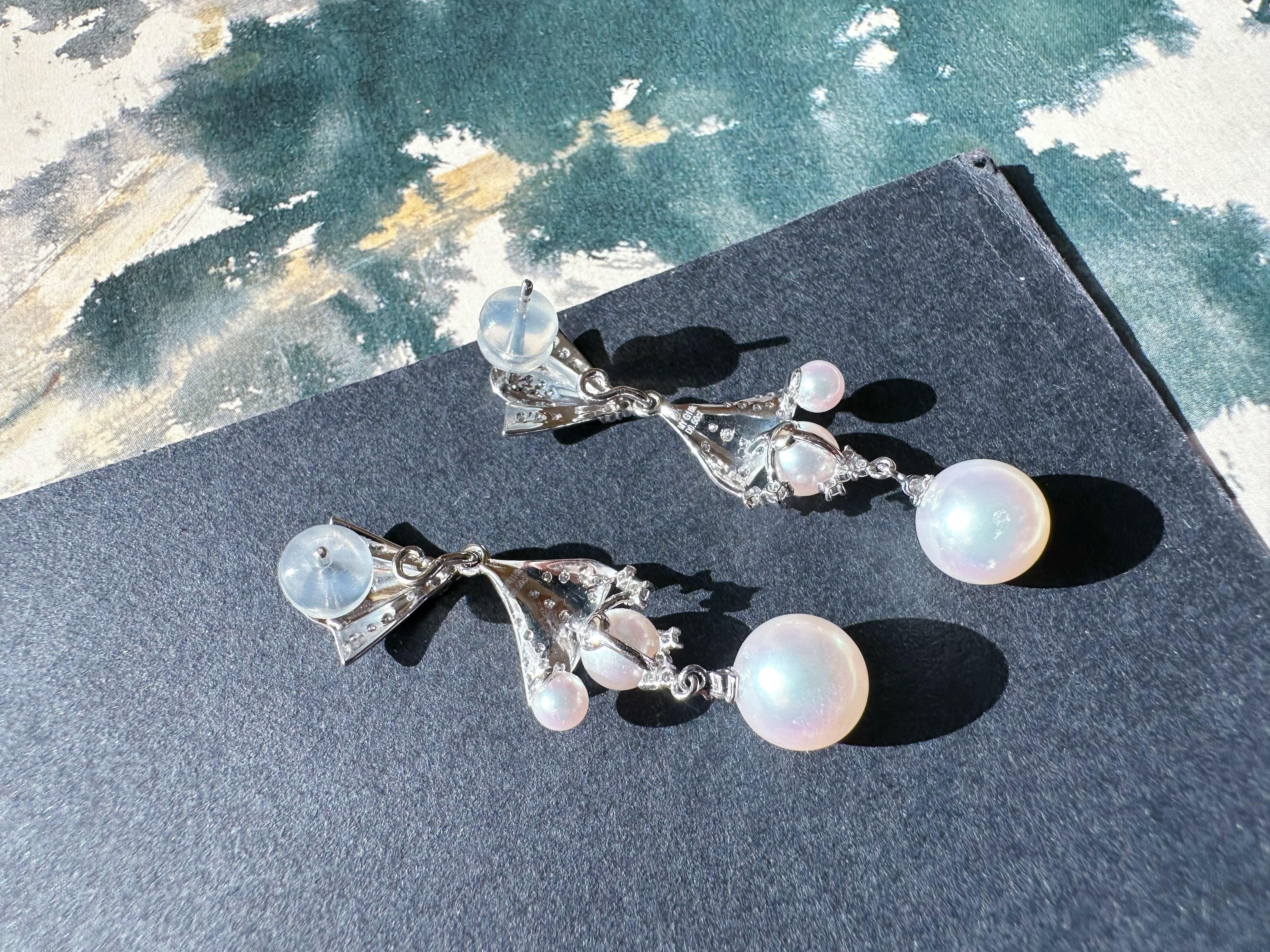 Art Nouveau Japan Akoya Pearl Multiple Wear Long Drop Pearl Earrings 18K White Gold Diamond For Sale