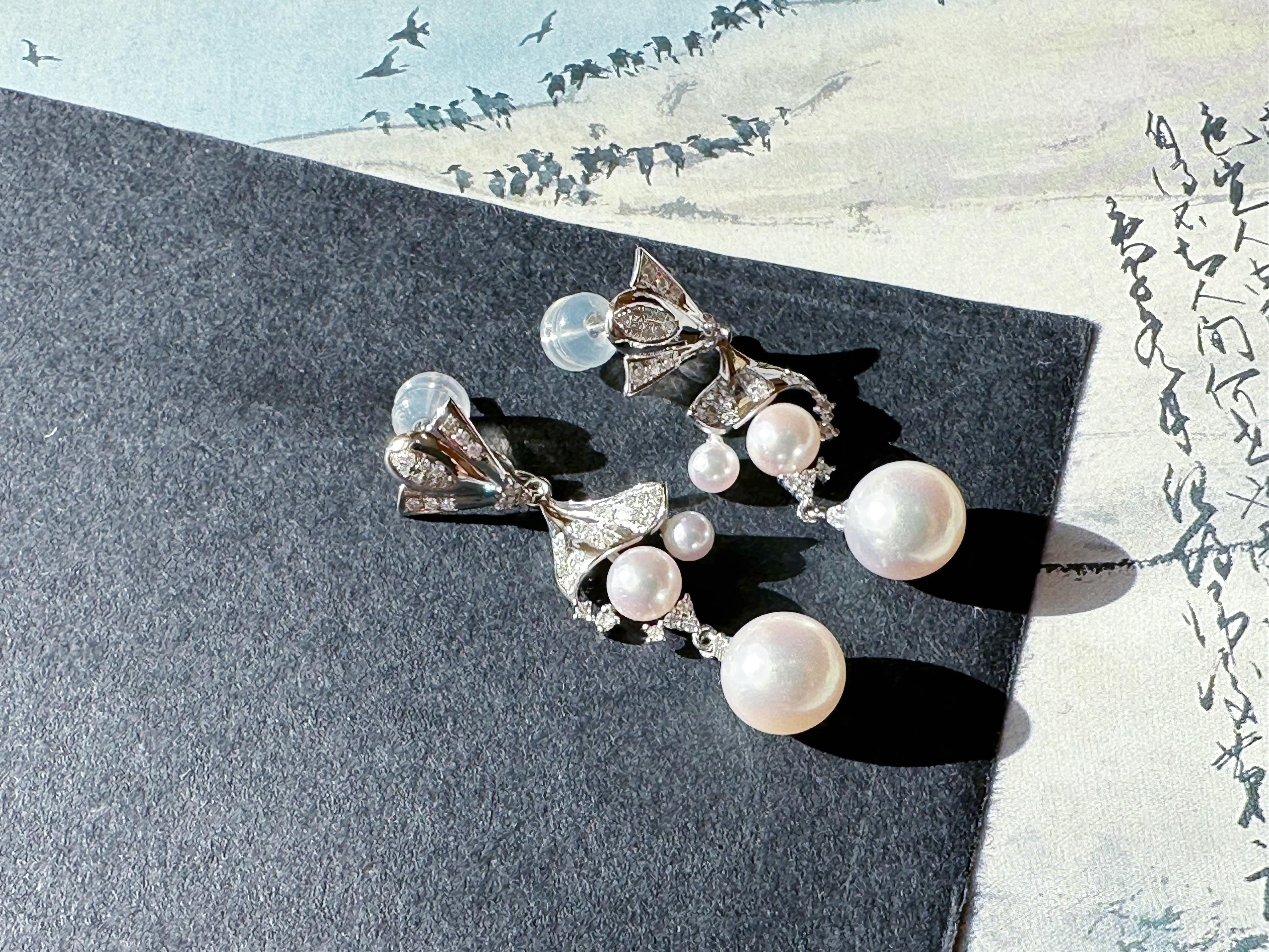 Round Cut Japan Akoya Pearl Multiple Wear Long Drop Pearl Earrings 18K White Gold Diamond For Sale