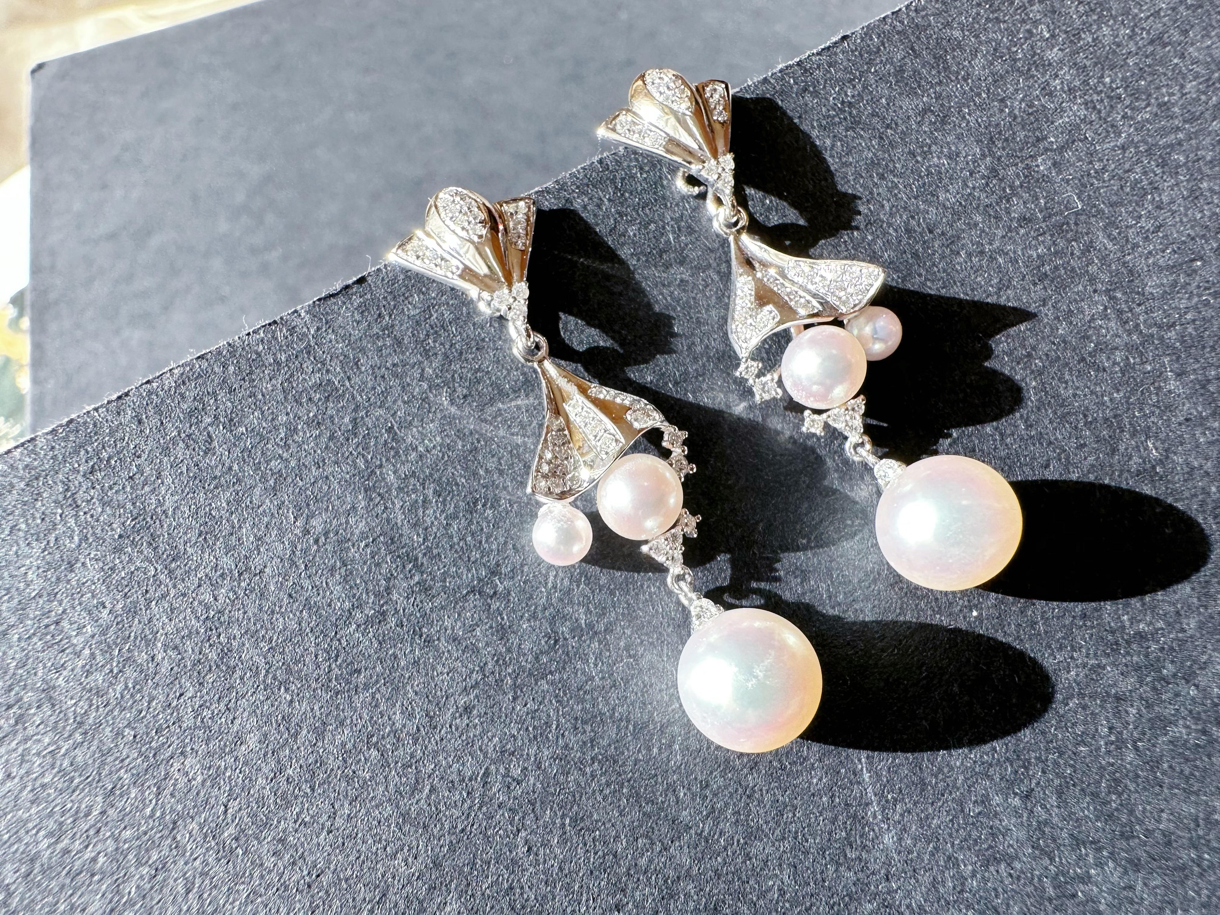 Japan Akoya Pearl Multiple Wear Long Drop Pearl Earrings 18K White Gold Diamond In New Condition For Sale In Kowloon, HK
