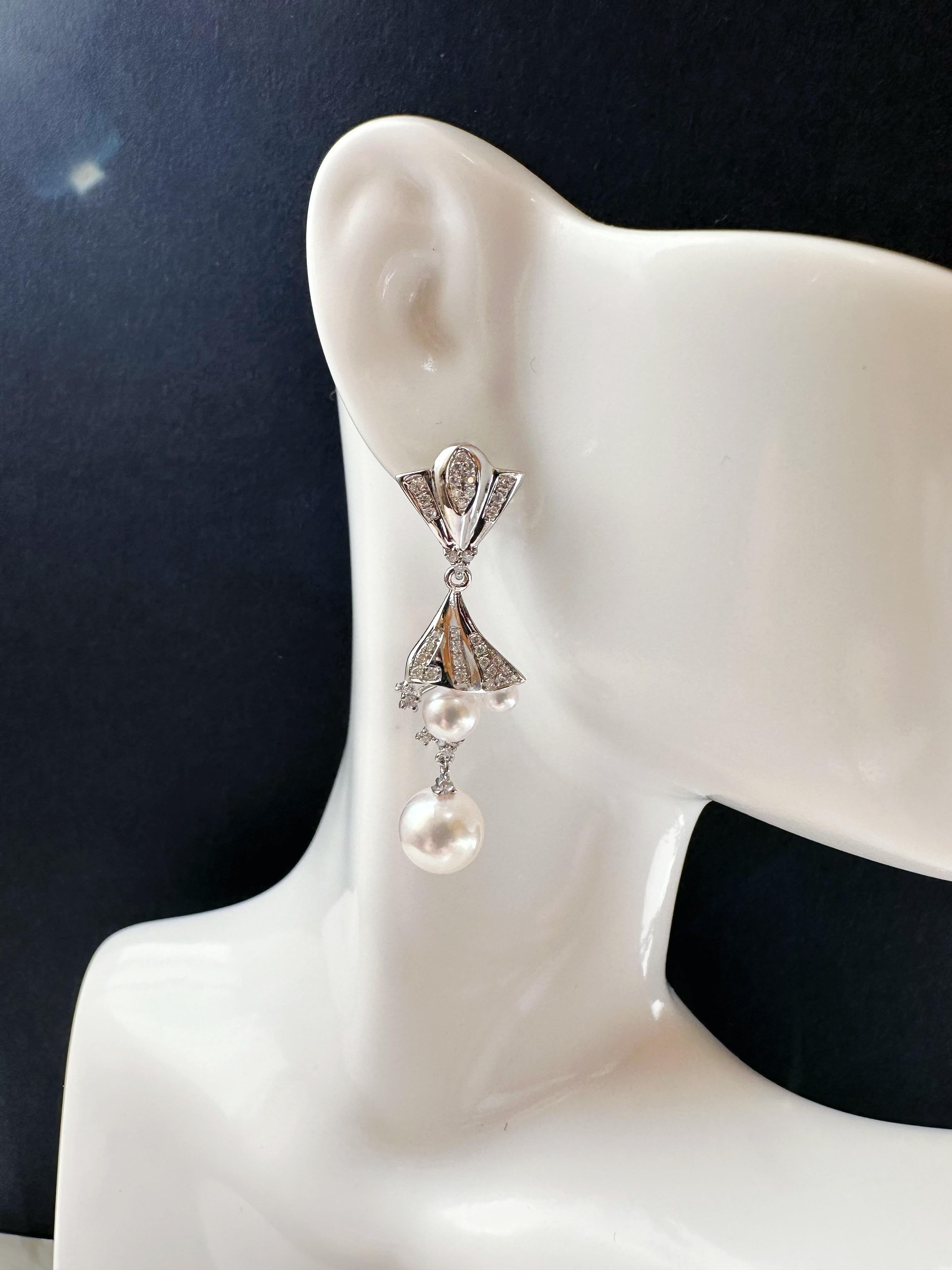 Japan Akoya Pearl Multiple Wear Long Drop Pearl Earrings 18K White Gold Diamond For Sale 3