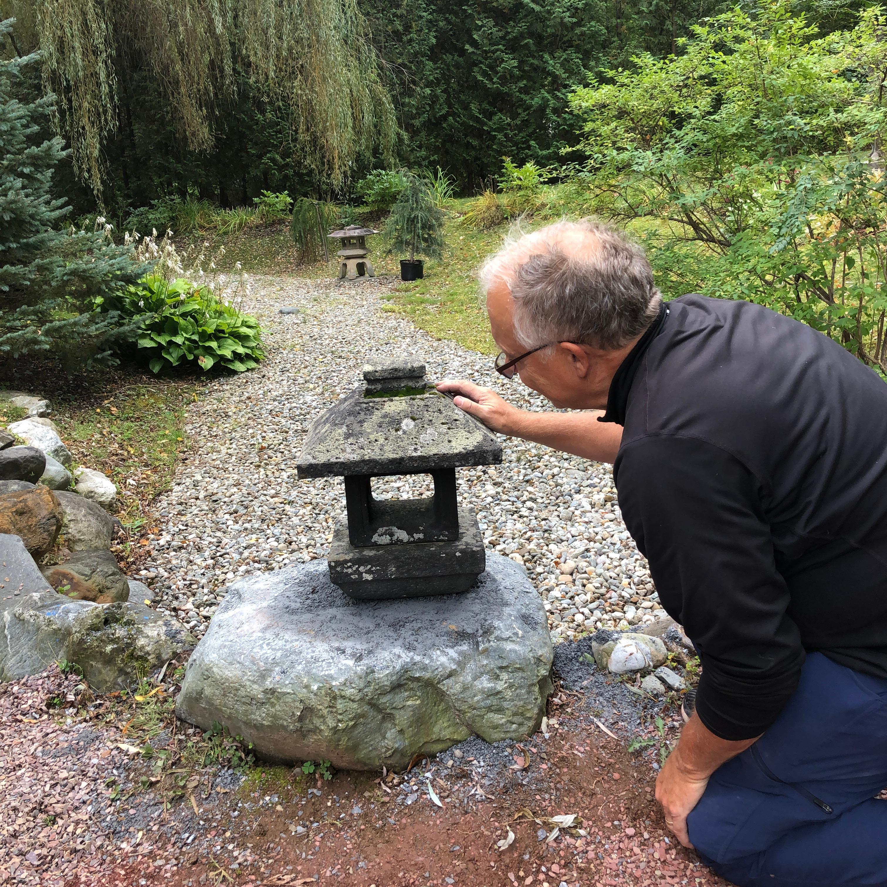Seldom available- this petite three-piece antique stone lantern in a Japanese Arts & Crafts style. Install by pathways, pools, or as eye appealing decorative entry/exit surrounds.

This one has its original and beautiful lichen and patina from