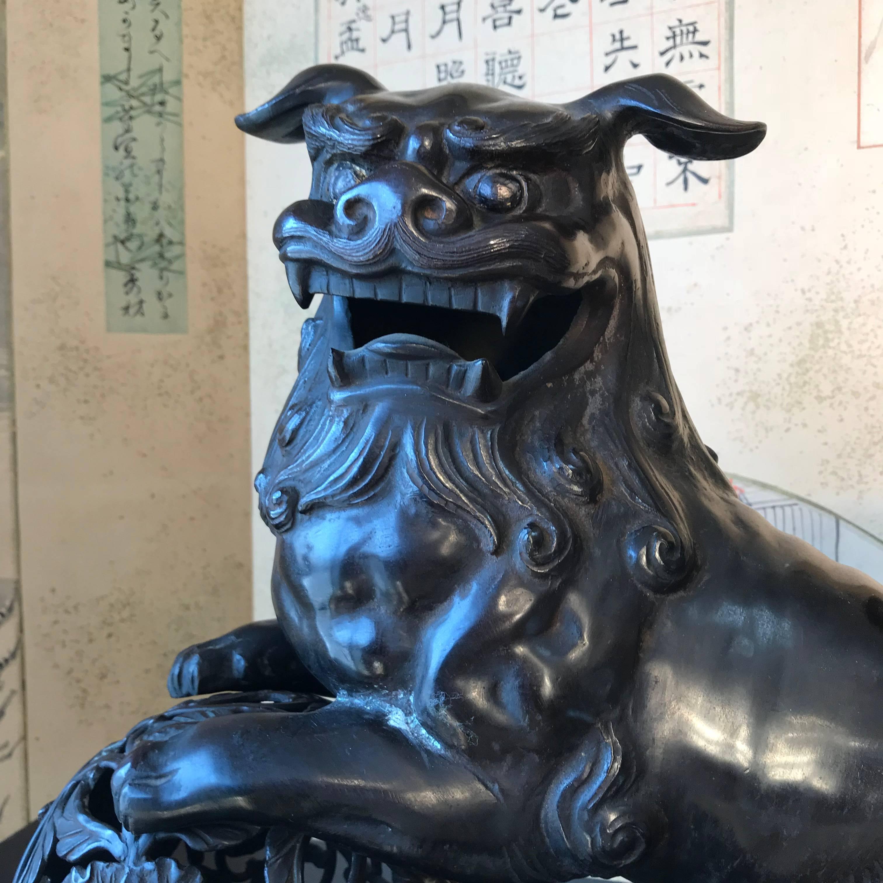 Japan Antique Big Handsome Bronze Lion Guardian Dog koma-inu Taisho, 1915 Signed 4