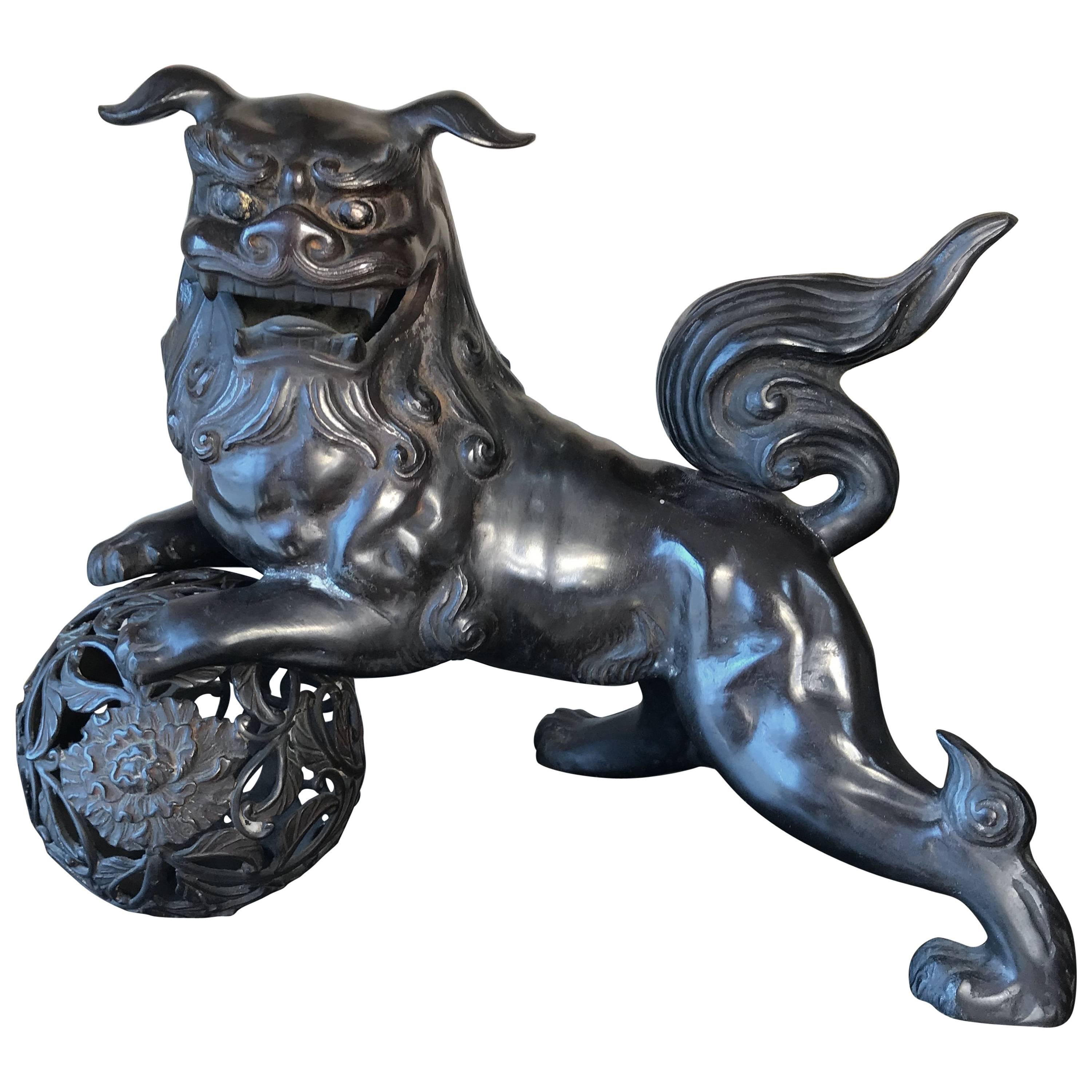 Japan Antique Big Handsome Bronze Lion Guardian Dog koma-inu Taisho, 1915 Signed
