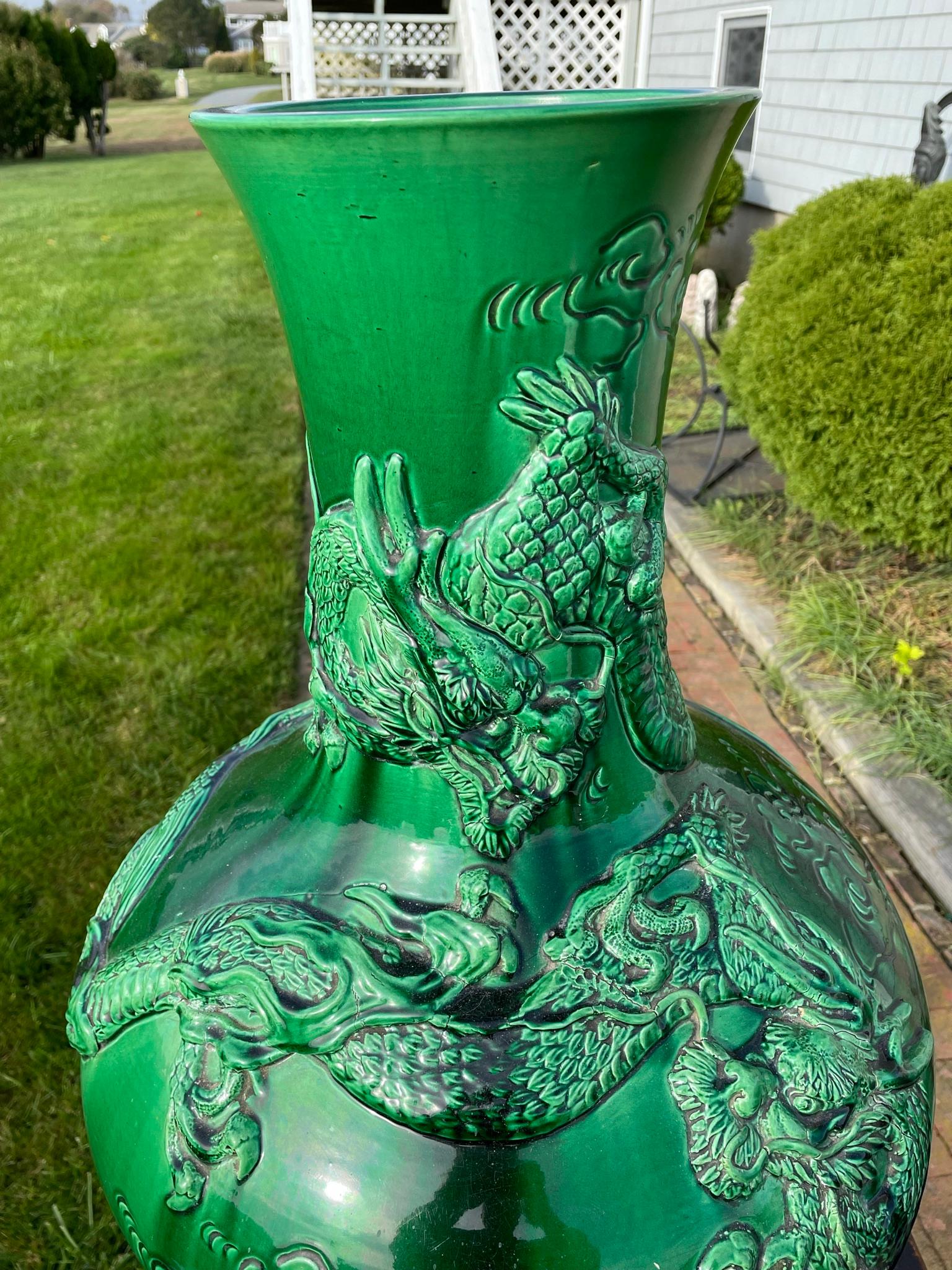 Japan Huge Antique Brilliant Color Green Dragon Vase 1