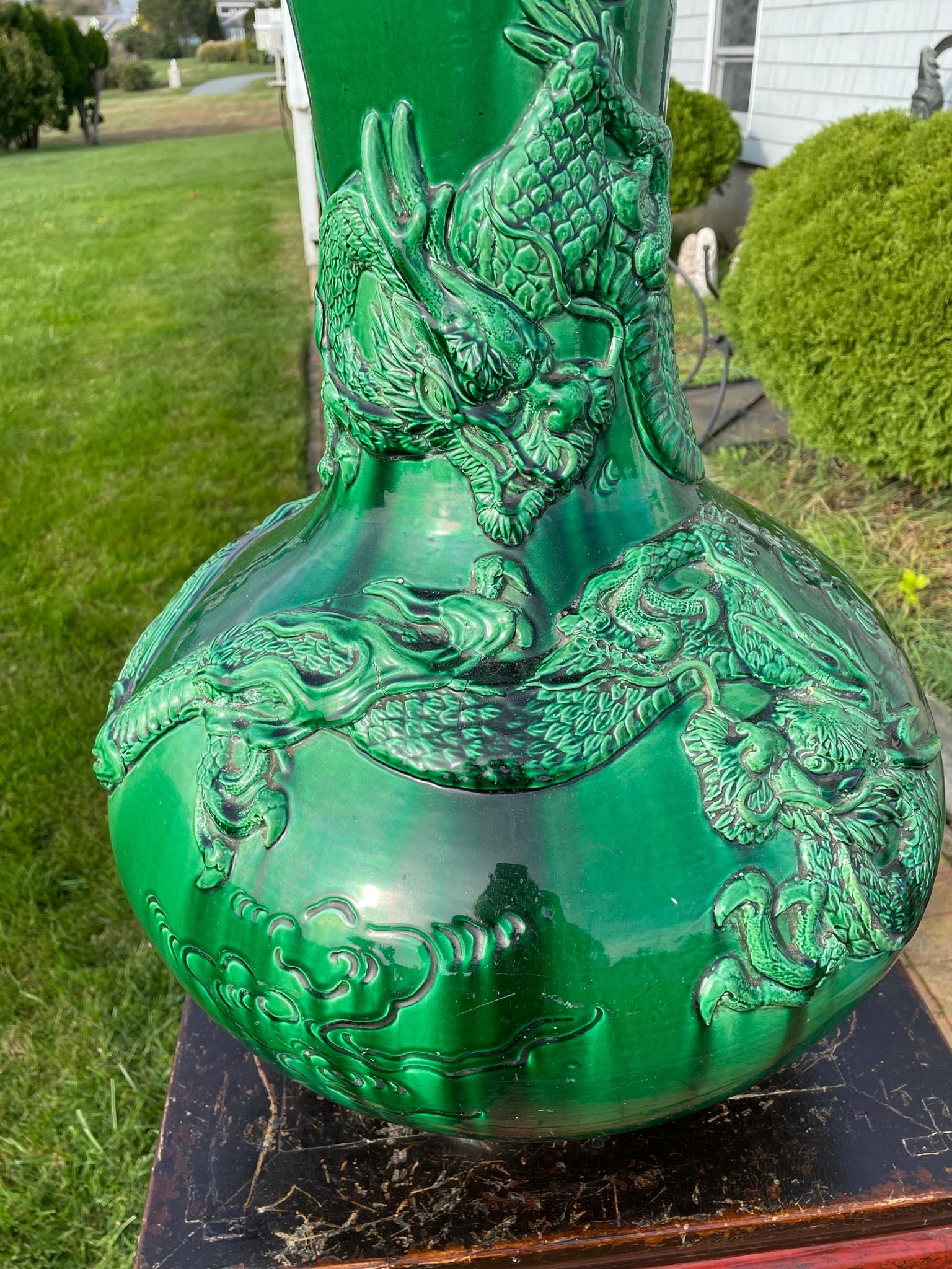 Japan Huge Antique Brilliant Color Green Dragon Vase 2