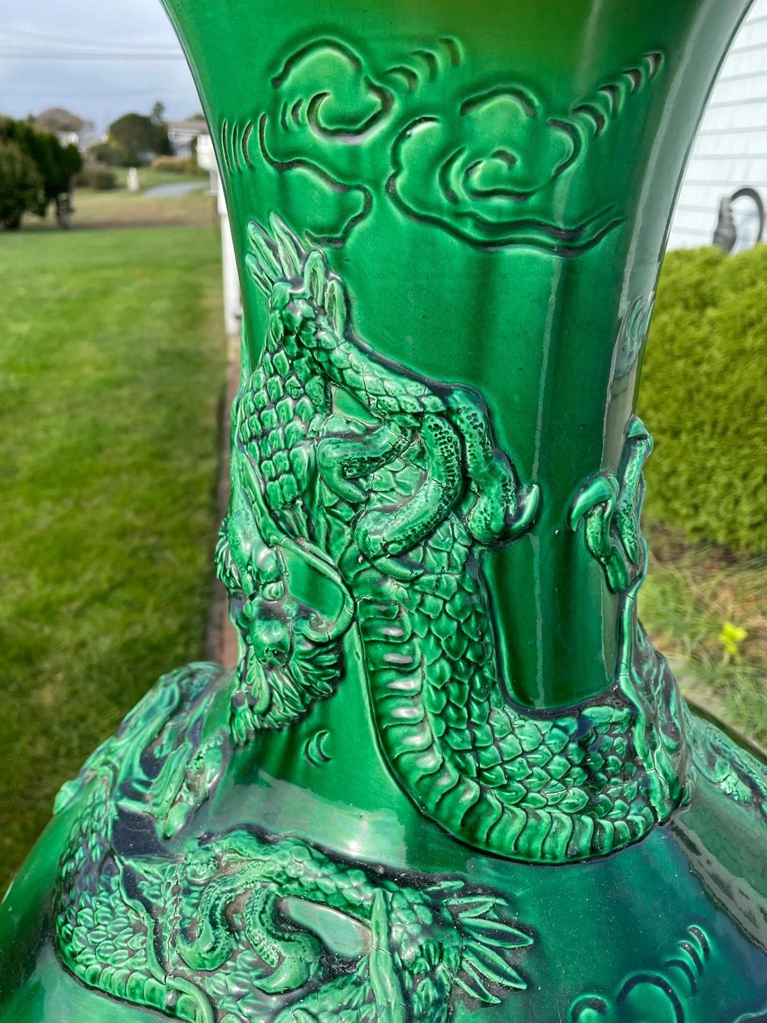 Japan Huge Antique Brilliant Color Green Dragon Vase 3