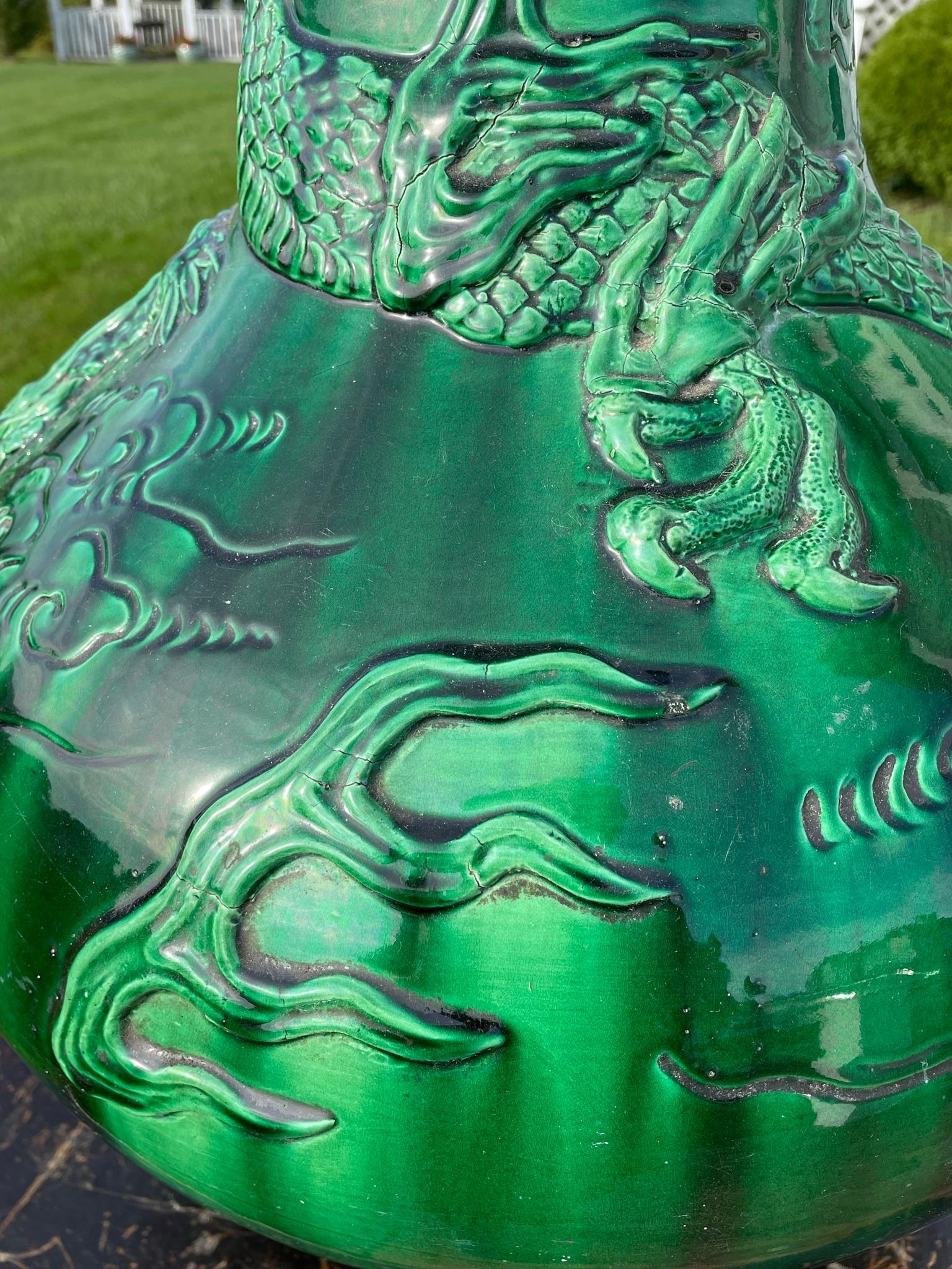 Japan Huge Antique Brilliant Color Green Dragon Vase 5