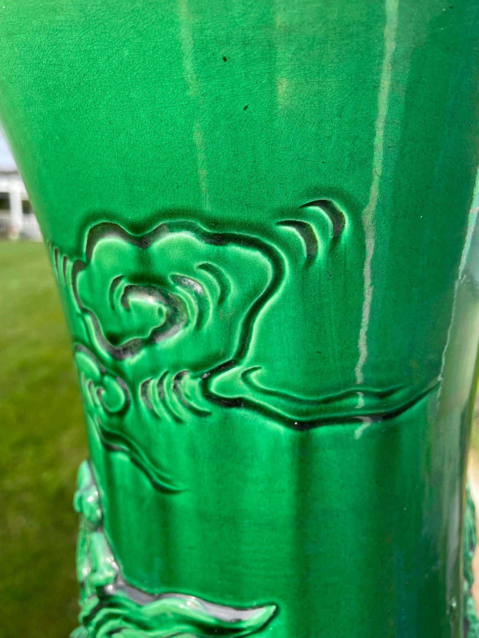 Japan Huge Antique Brilliant Color Green Dragon Vase 6