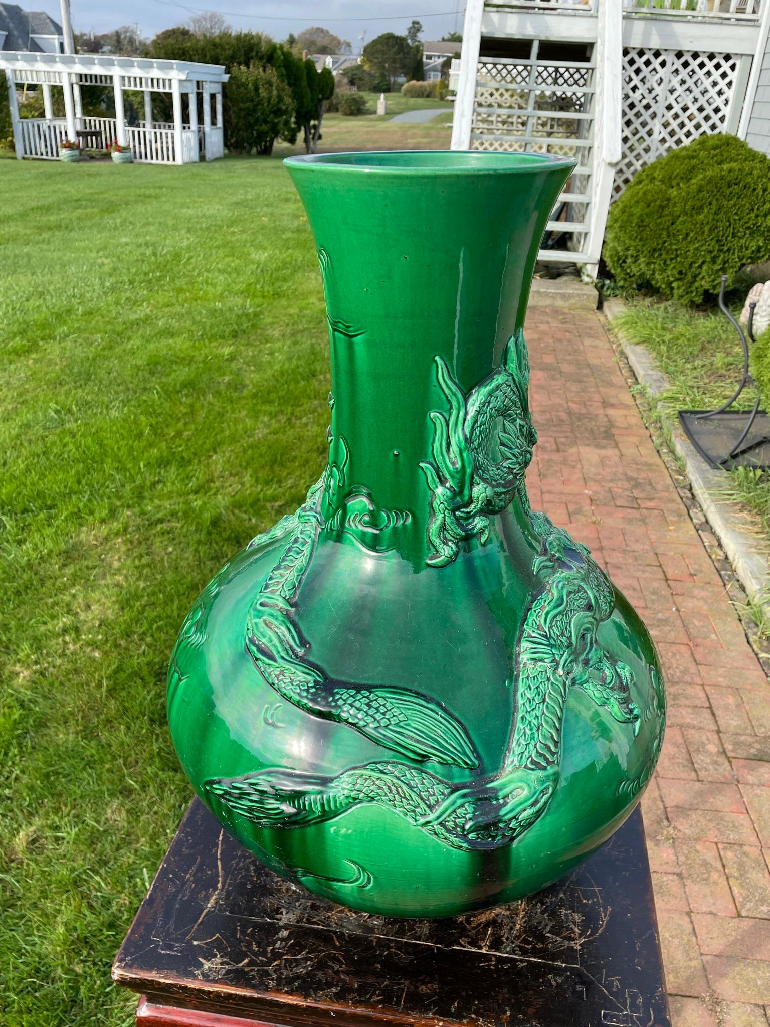 Japan Huge Antique Brilliant Color Green Dragon Vase 7