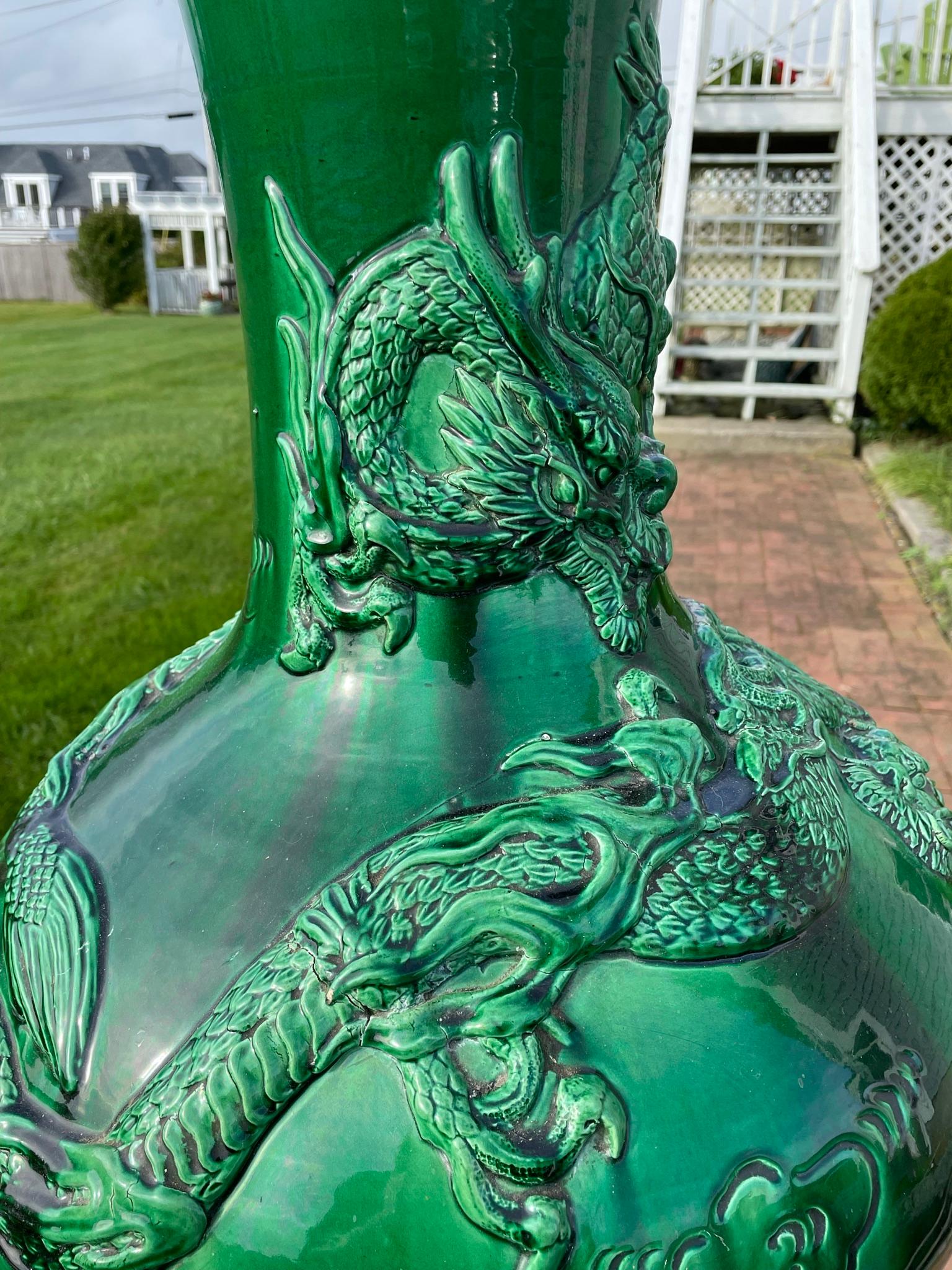 Japan Huge Antique Brilliant Color Green Dragon Vase 8