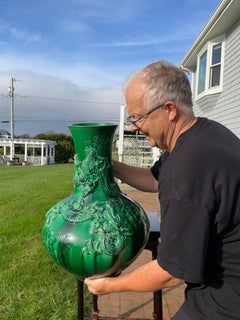 Japan Huge Antique Brilliant Color Green Dragon Vase