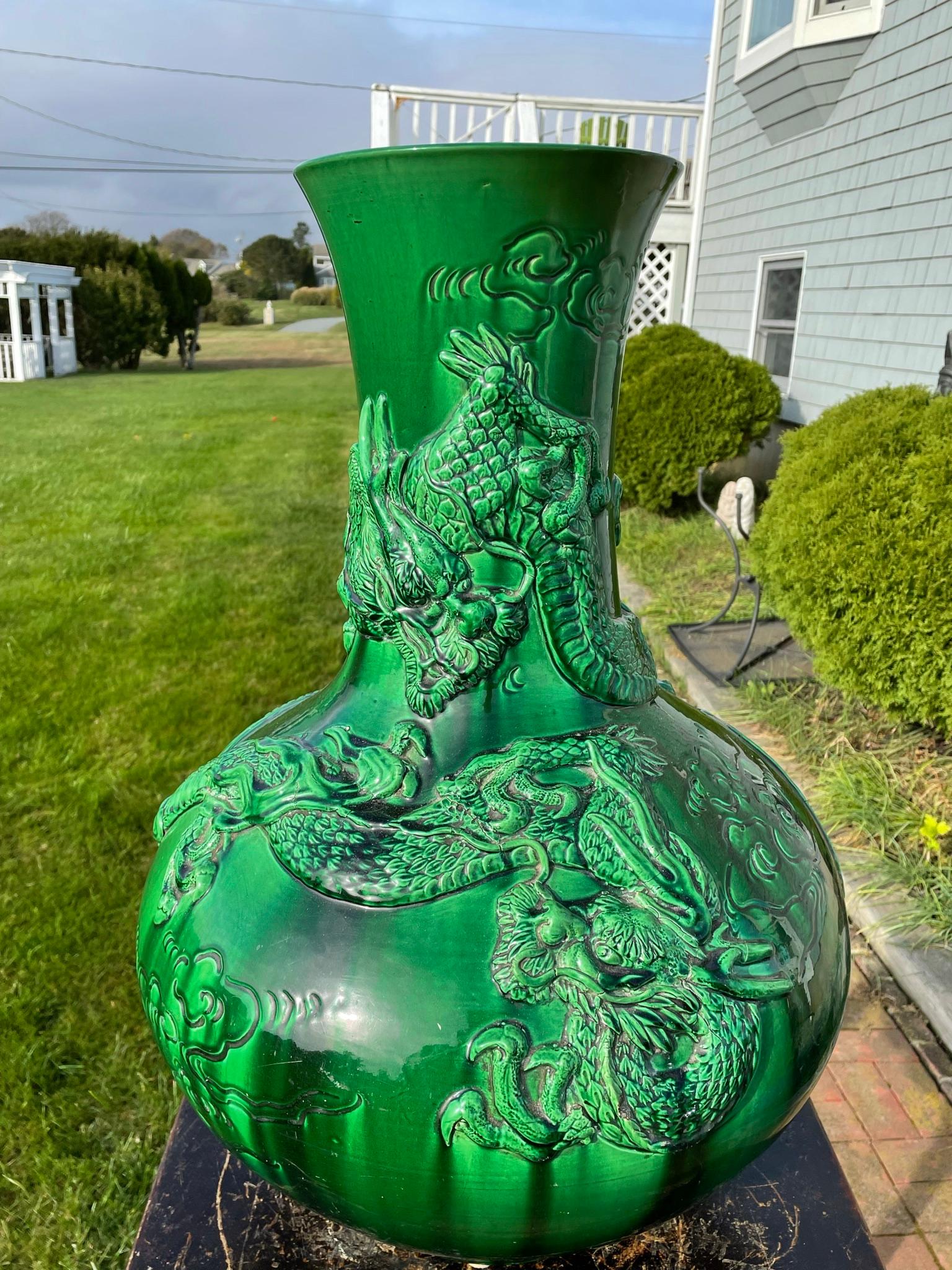 Taisho Japan Huge Antique Brilliant Color Green Dragon Vase