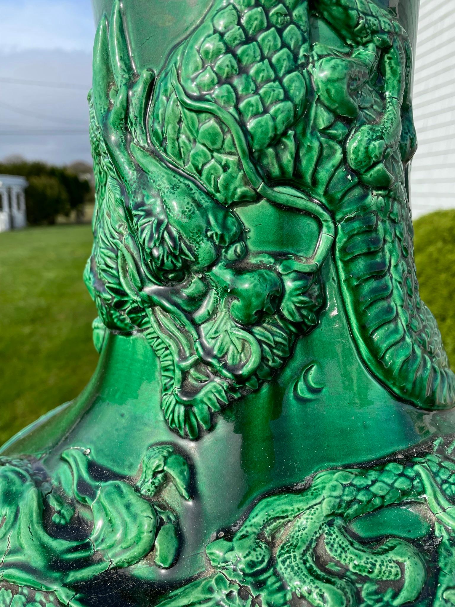 Japanese Japan Huge Antique Brilliant Color Green Dragon Vase