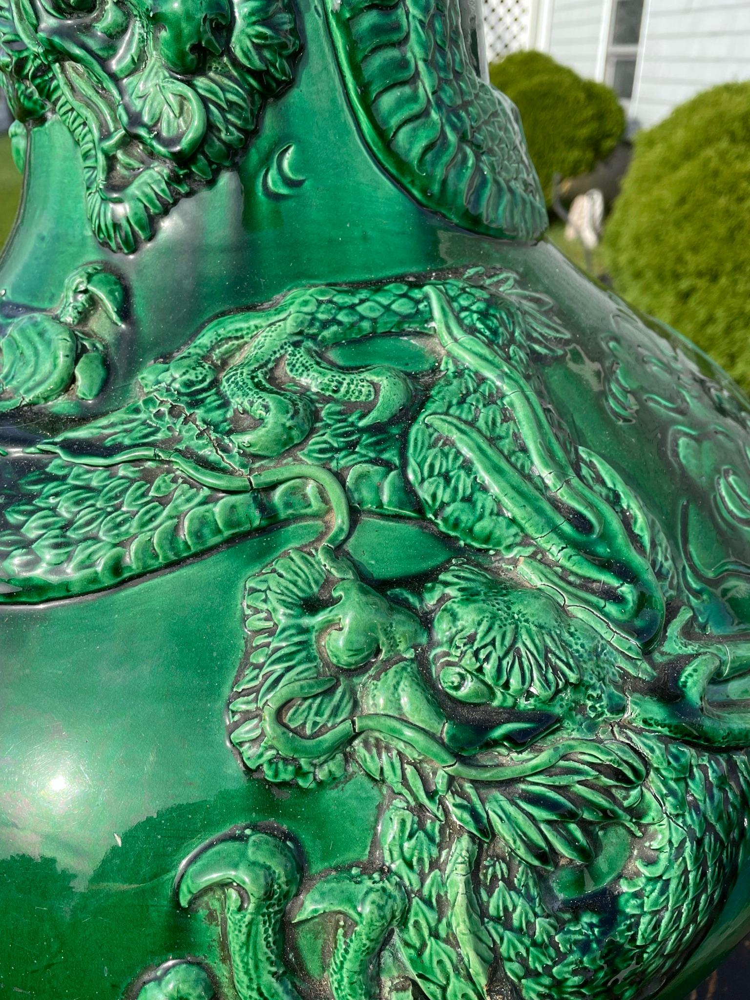 Glazed Japan Huge Antique Brilliant Color Green Dragon Vase