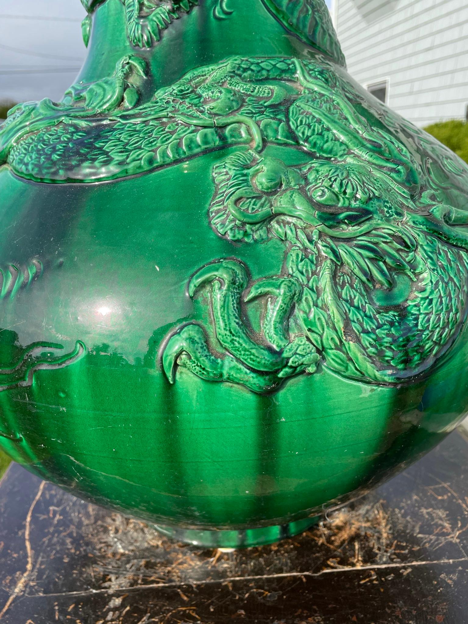 Japan Huge Antique Brilliant Color Green Dragon Vase In Good Condition In South Burlington, VT