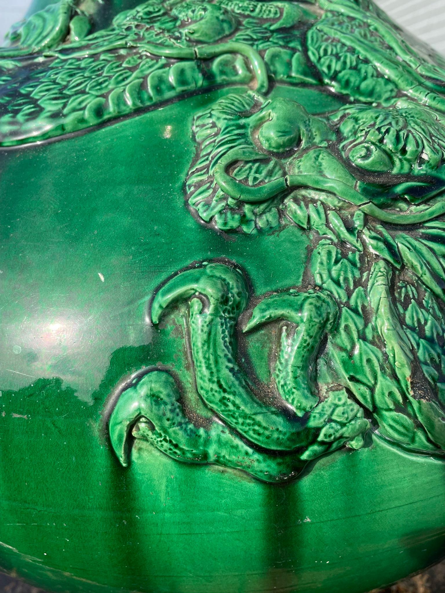 20th Century Japan Huge Antique Brilliant Color Green Dragon Vase