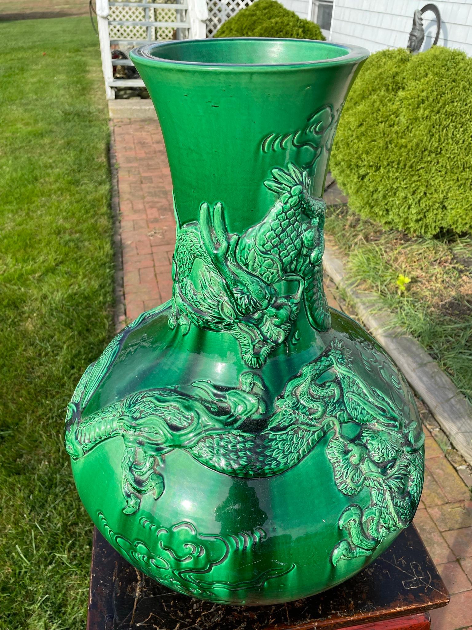 Ceramic Japan Huge Antique Brilliant Color Green Dragon Vase