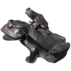 Japan Antique Bronze "Frog Family" Kaeru 100 Years Old