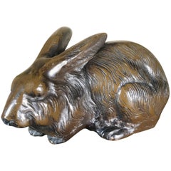 Japan Antique Bronze Rabbit in Unusual Relaxed Pose, Fine Details