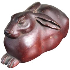 Japan Antique Bronze Rabbit in Unusual Relaxed Pose, Fine Details