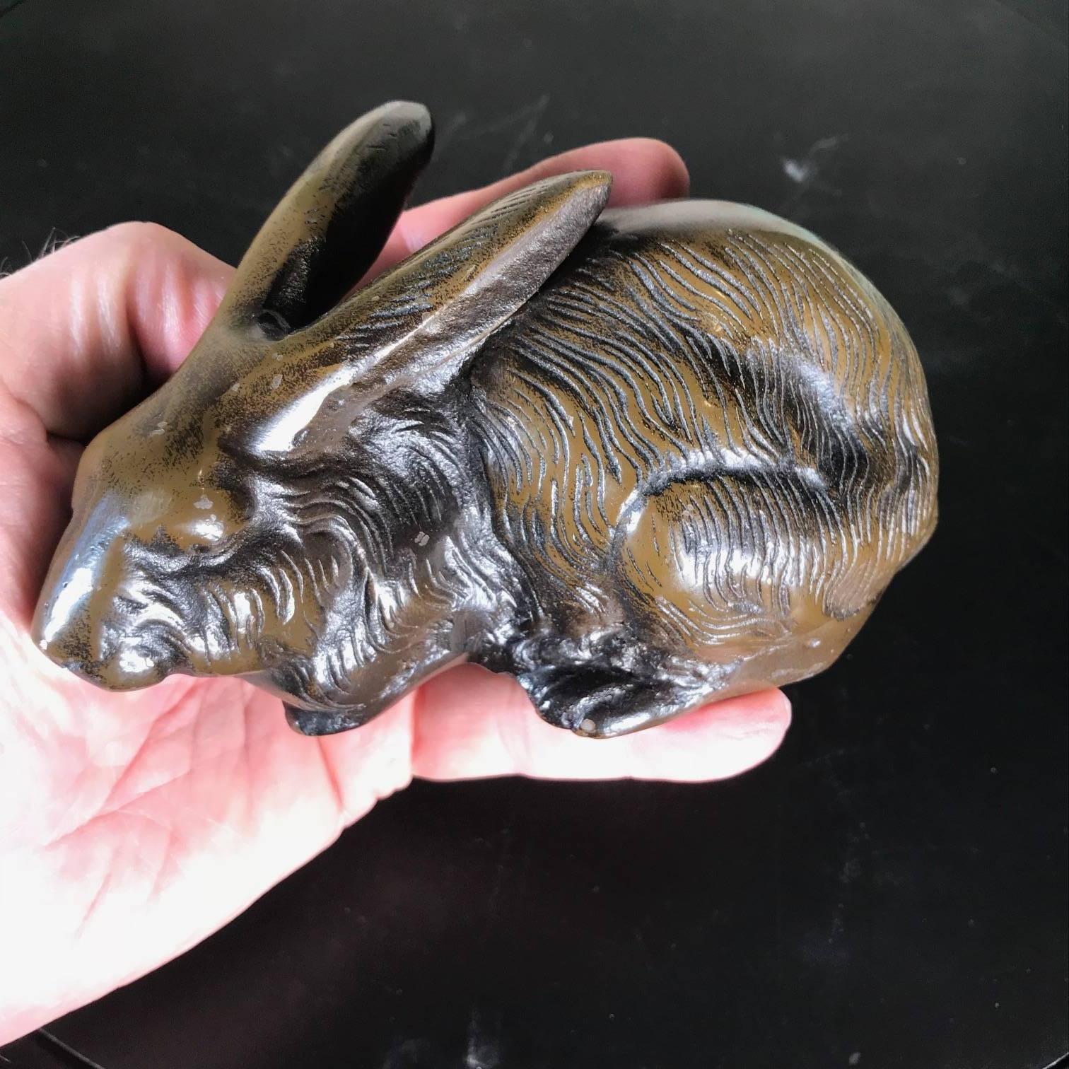 Japan Antique Bronze Rabbit in Unusual Relaxed Pose, Fine Details 3