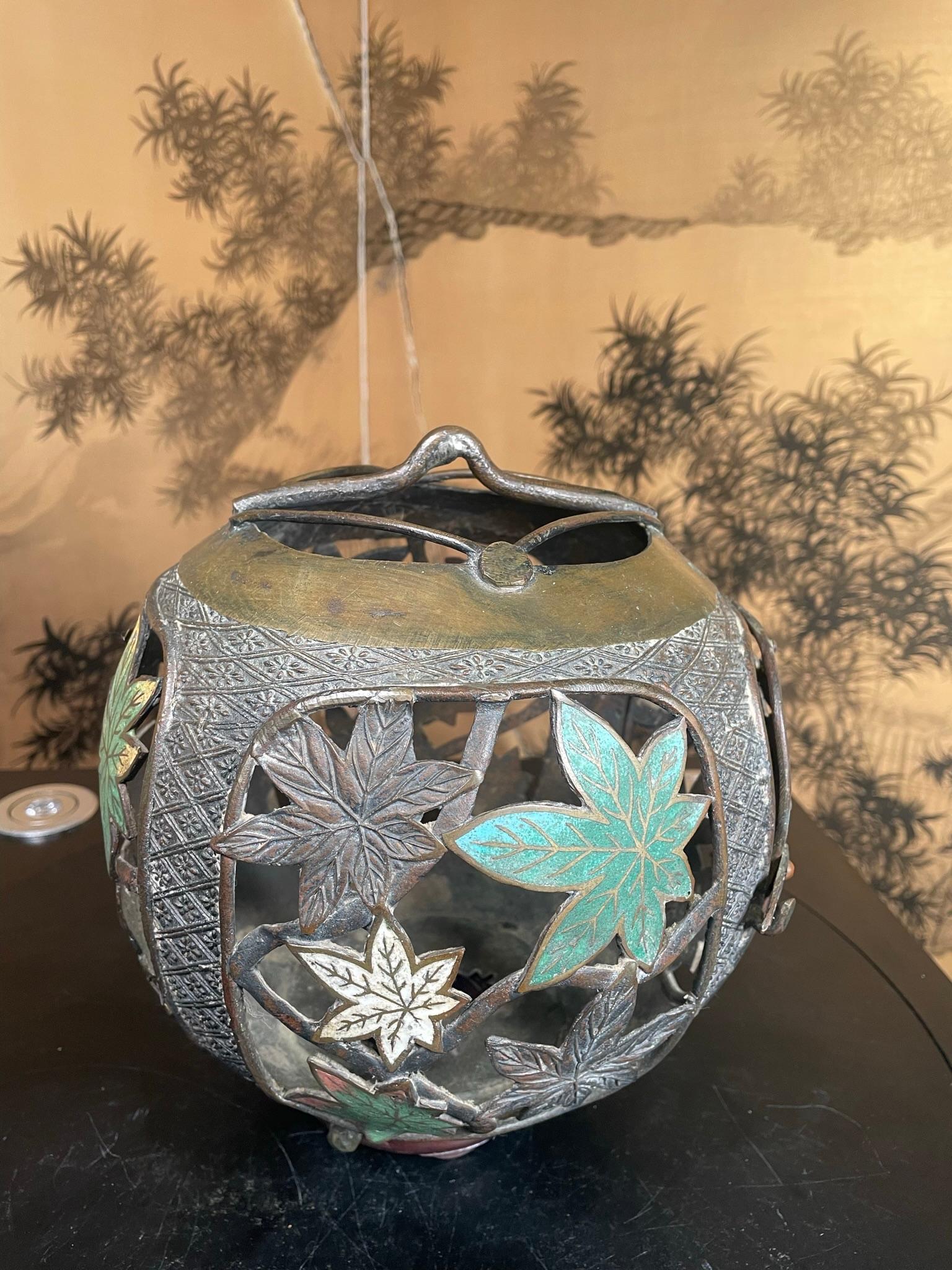 Taisho Japan Antique Champleve Maple Leaf Bronze Orb Lantern, Brilliant Colors