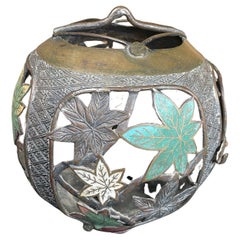 Japan Used Champleve Maple Leaf Bronze Orb Lantern, Brilliant Colors