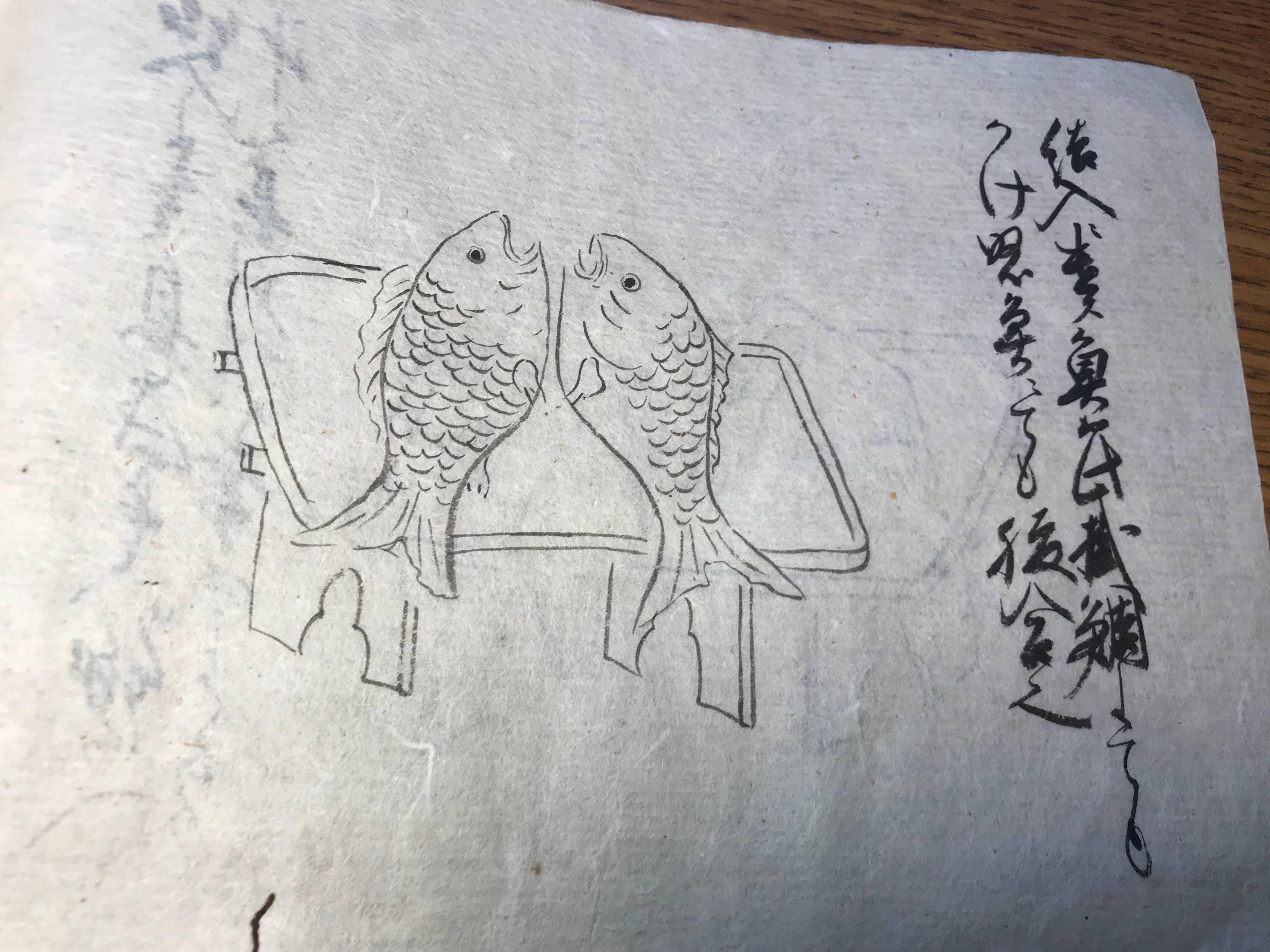 From our most recent Japanese Acquisitions Travels

A rare find. This is an original Japanese 19th century hand-painted- manuscript volume on Cooking. Includes 56 hand drawn plates of fish, scampi, fowl, vegetables, knives, napkins, even a sake