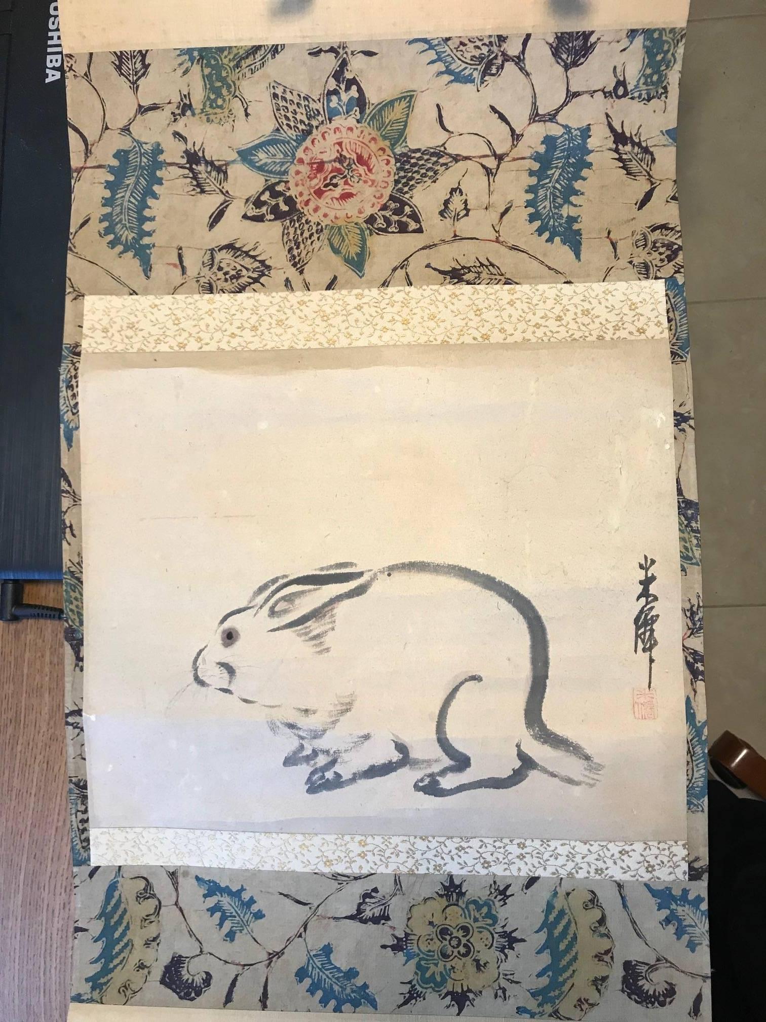 Japan Antique Early Rabbit Scroll, Sumi Ink Colors, Hand-Painted and Signed 3