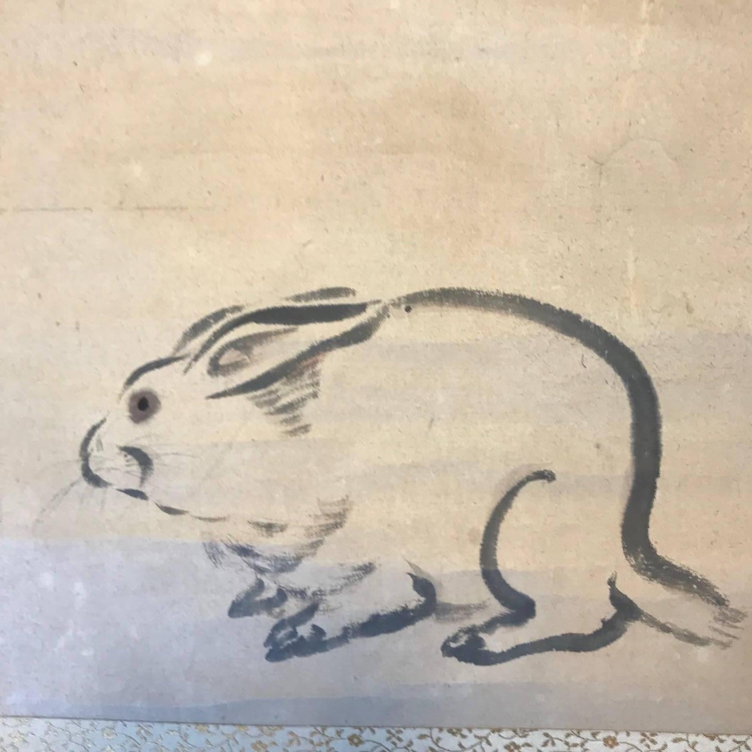 Meiji Japan Antique Early Rabbit Scroll, Sumi Ink Colors, Hand-Painted and Signed