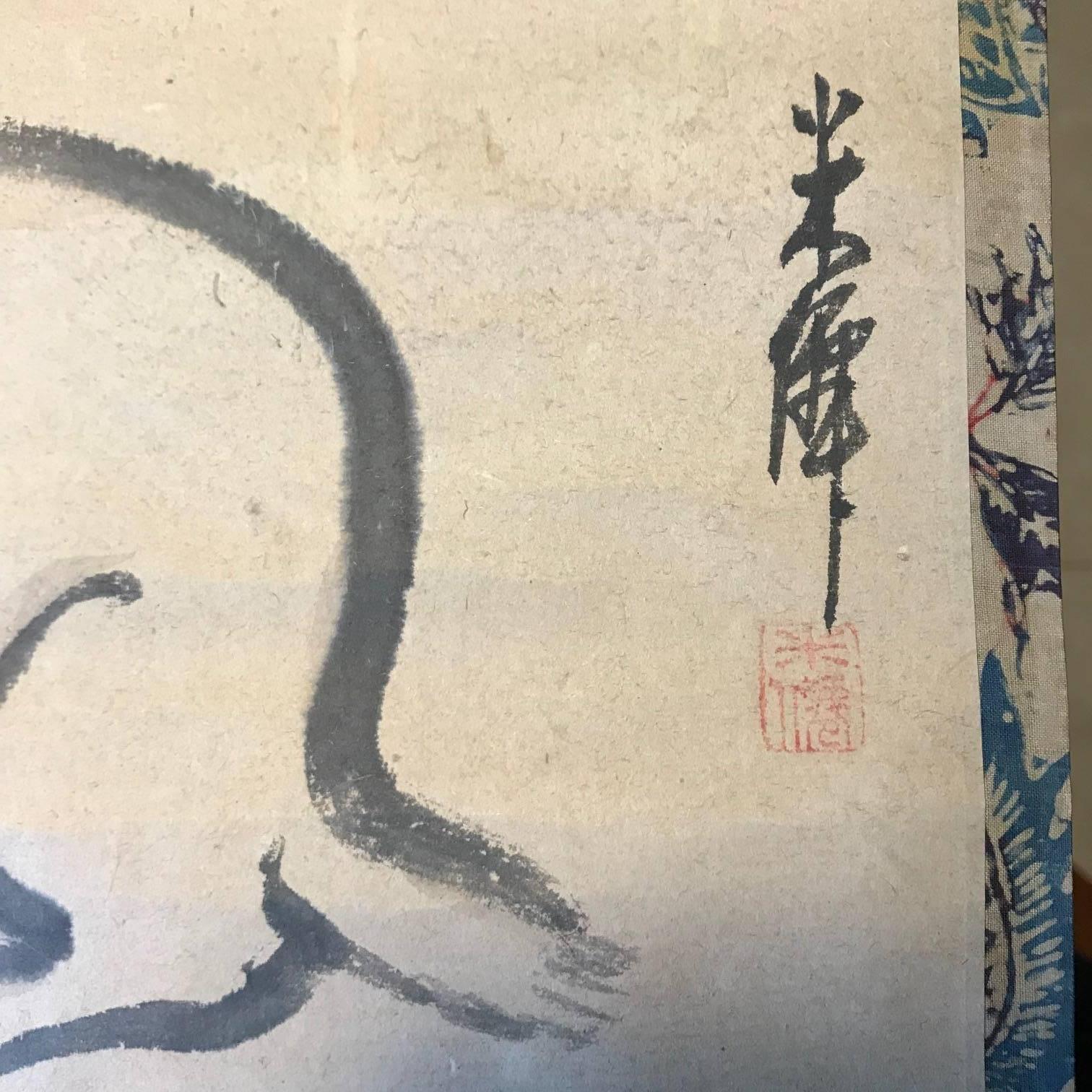 Japan Antique Early Rabbit Scroll, Sumi Ink Colors, Hand-Painted and Signed In Good Condition In South Burlington, VT