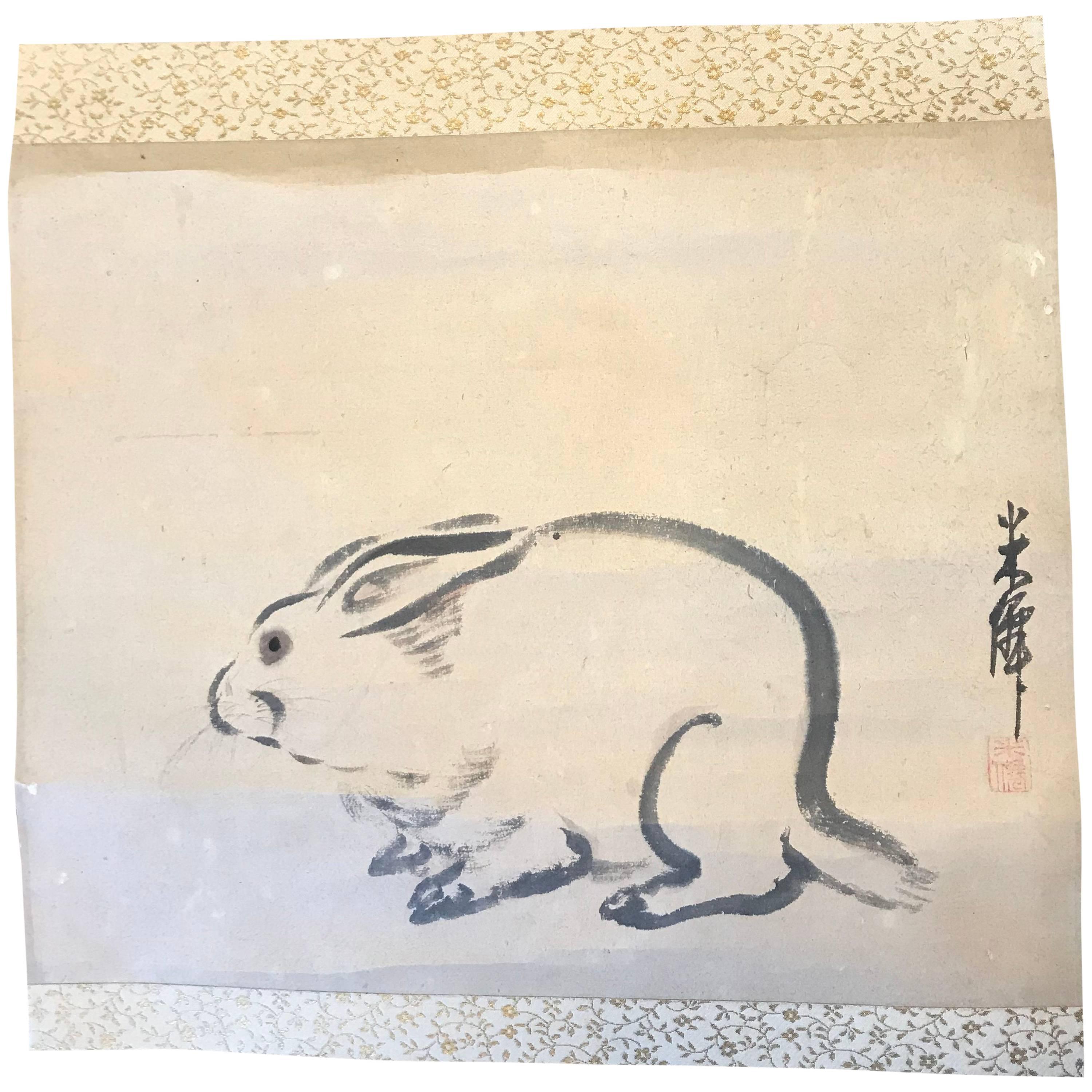 Japan Antique Early Rabbit Scroll, Sumi Ink Colors, Hand-Painted and Signed