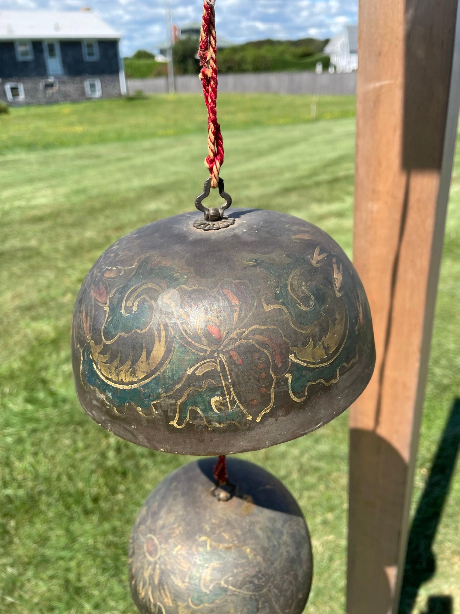 Japan Antique Five Bronze Butterfly and Flowers String Bells In Good Condition In South Burlington, VT
