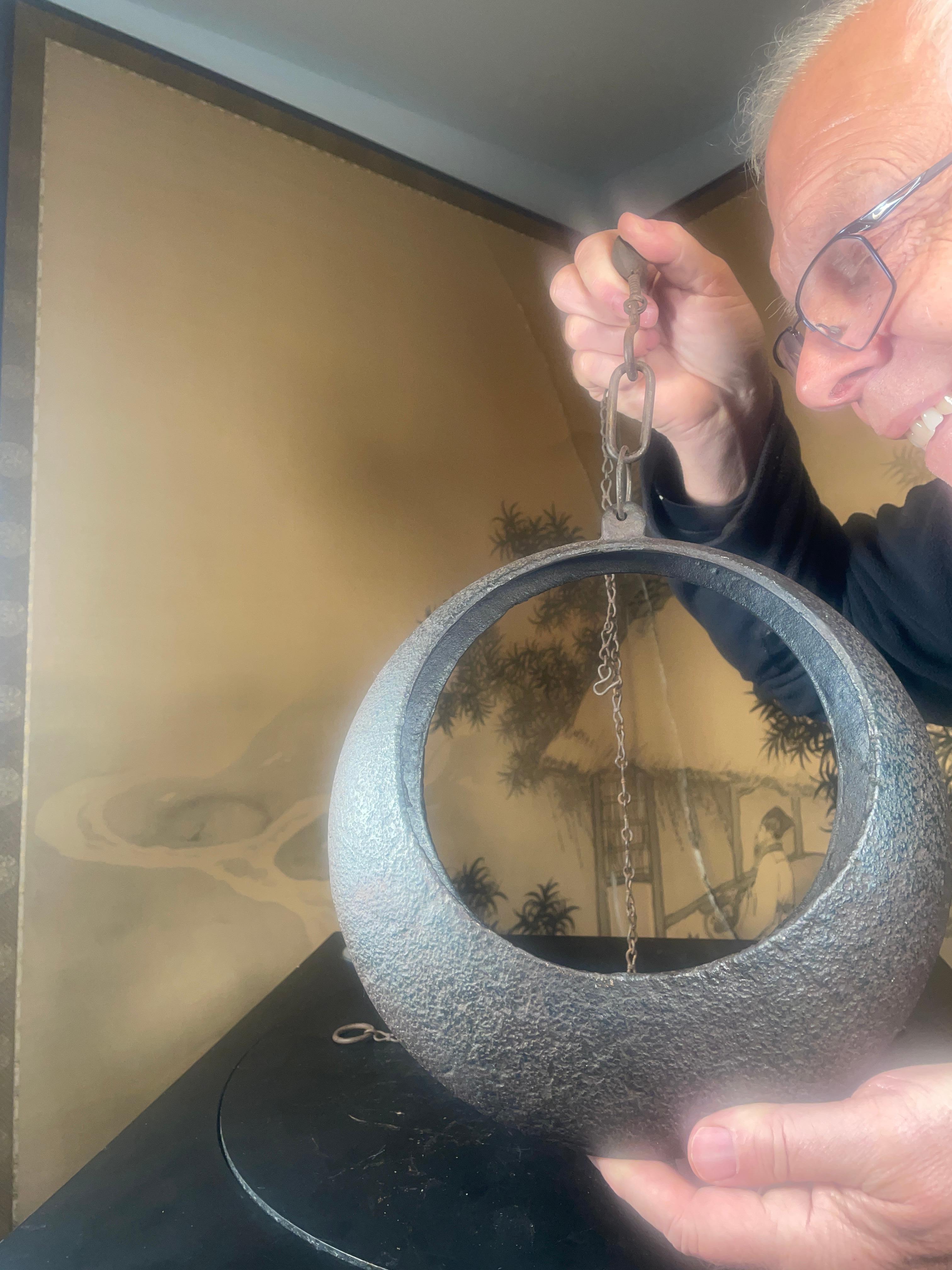 An impressive heavy, hand pounded vase including 52 inch antique iron chain, from our recent Japanese acquisitions

From Japan comes this big beautiful antique hand wrought 