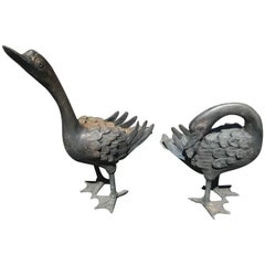 Japan Antique Hand Cast Pair of Bronze Ducks, Beautiful Details
