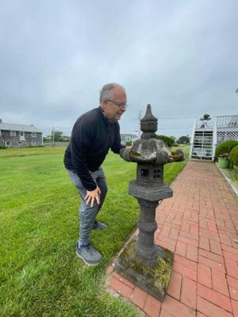 An antique beauty with all original pieces.

Japan, a fine tall and slender stone lantern with beautifully engraved designs, carefully crafted in six pieces for ease of portability.

Dimensions: 52 inches tall and 20 inches diameter, six