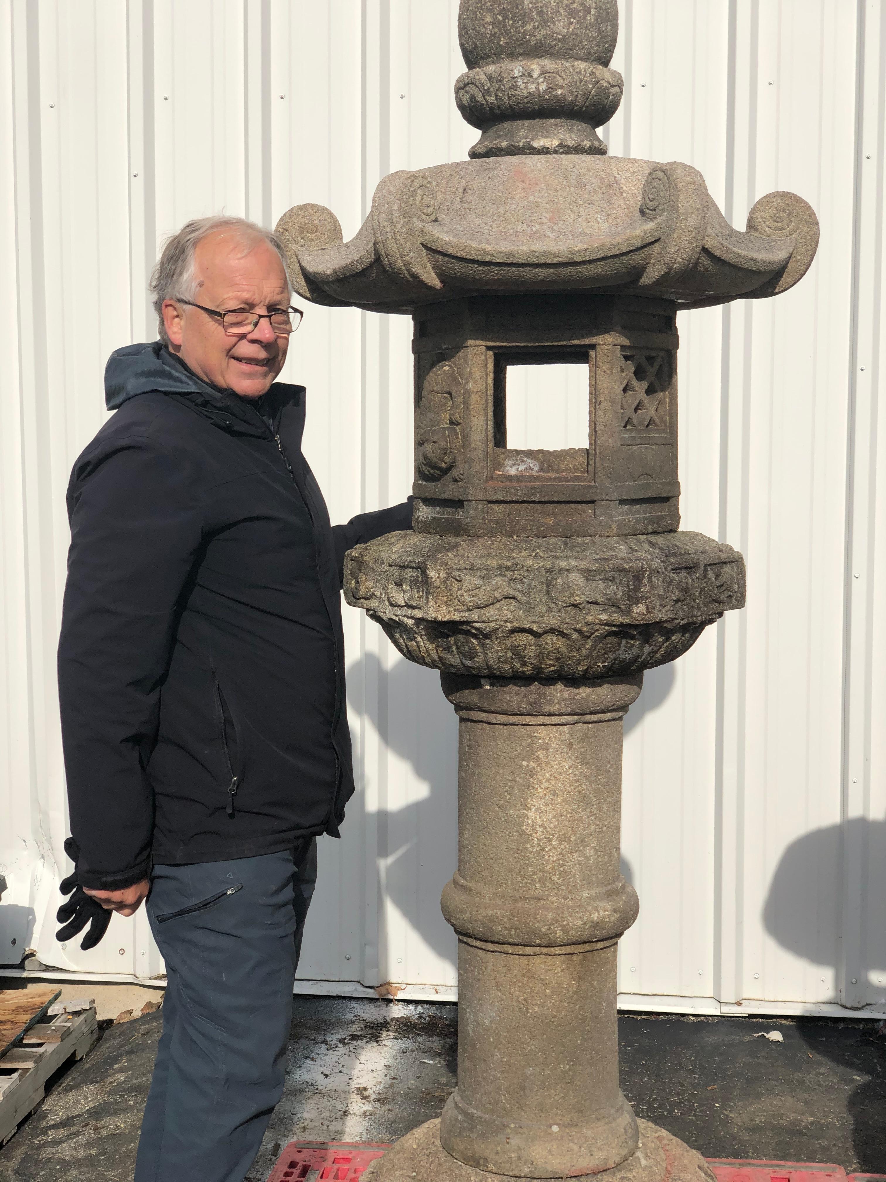 A tall 84 inch  antique depicting the 12 signs of zodiac

Japan, a fine tall kasuga granite stone lantern with a beautifully carved lotus top with a rare band of 12 engraved animal zodiac designs. Completing this unusual one-of-a-kind lantern is a