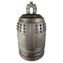 Grande cloche japonaise ancienne en bronze bleu avec un son audacieux et plaisant de 17 pouces