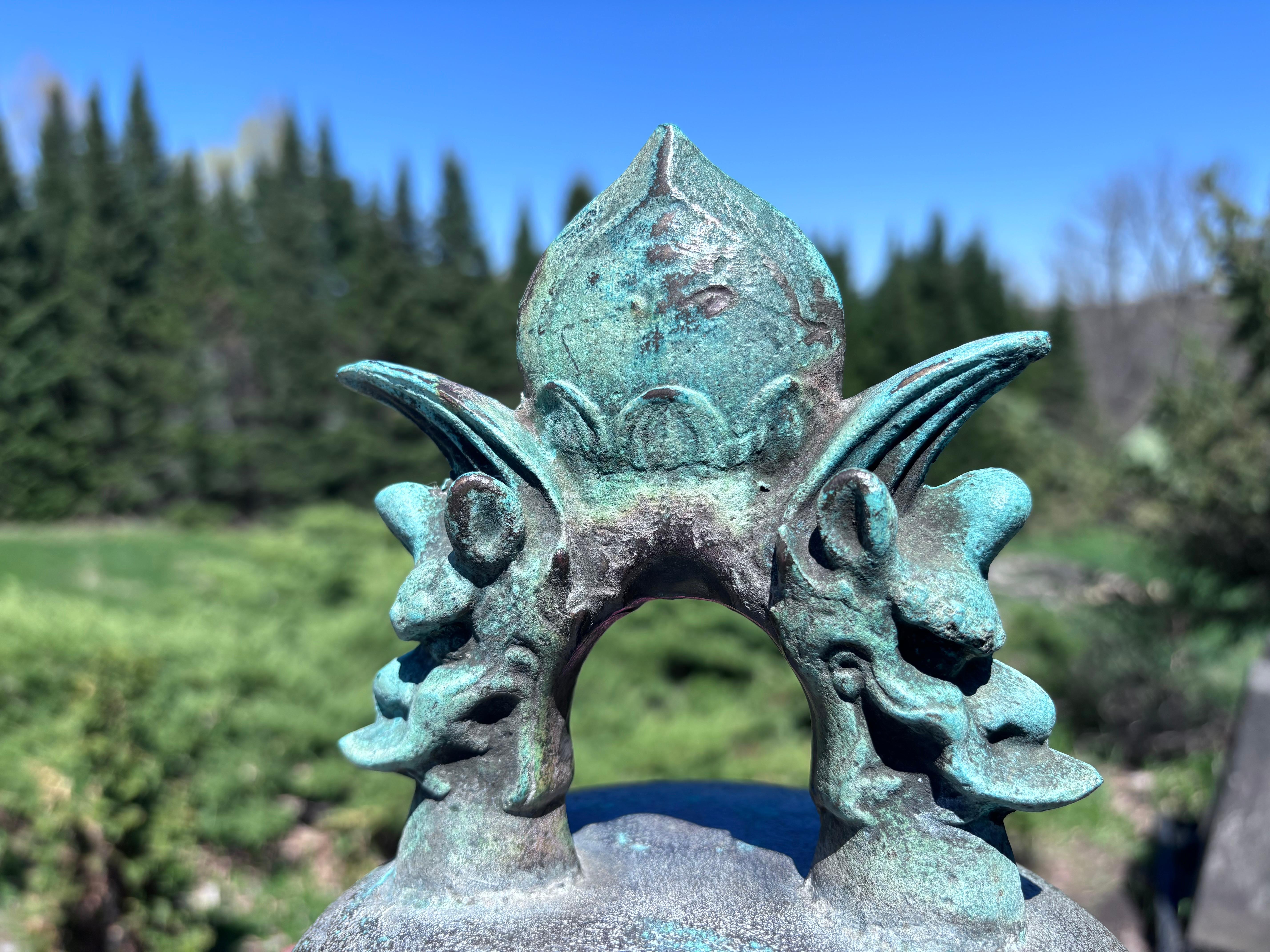 Cast Japan Antique Large Blue Bronze Bell With Rare Inscriptions 24